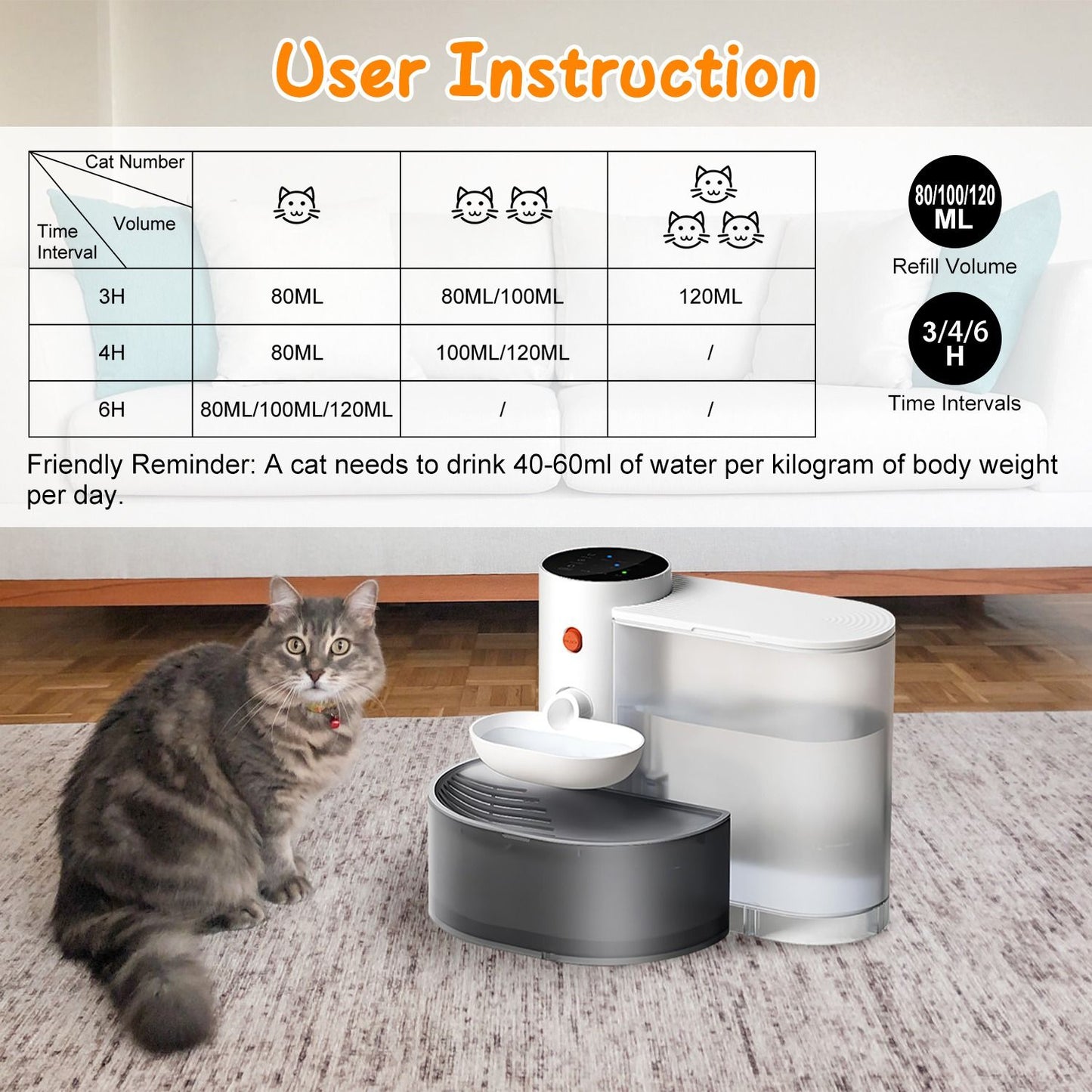 Instruction chart and pet fountain with cat showing refill volume and time interval guidance
