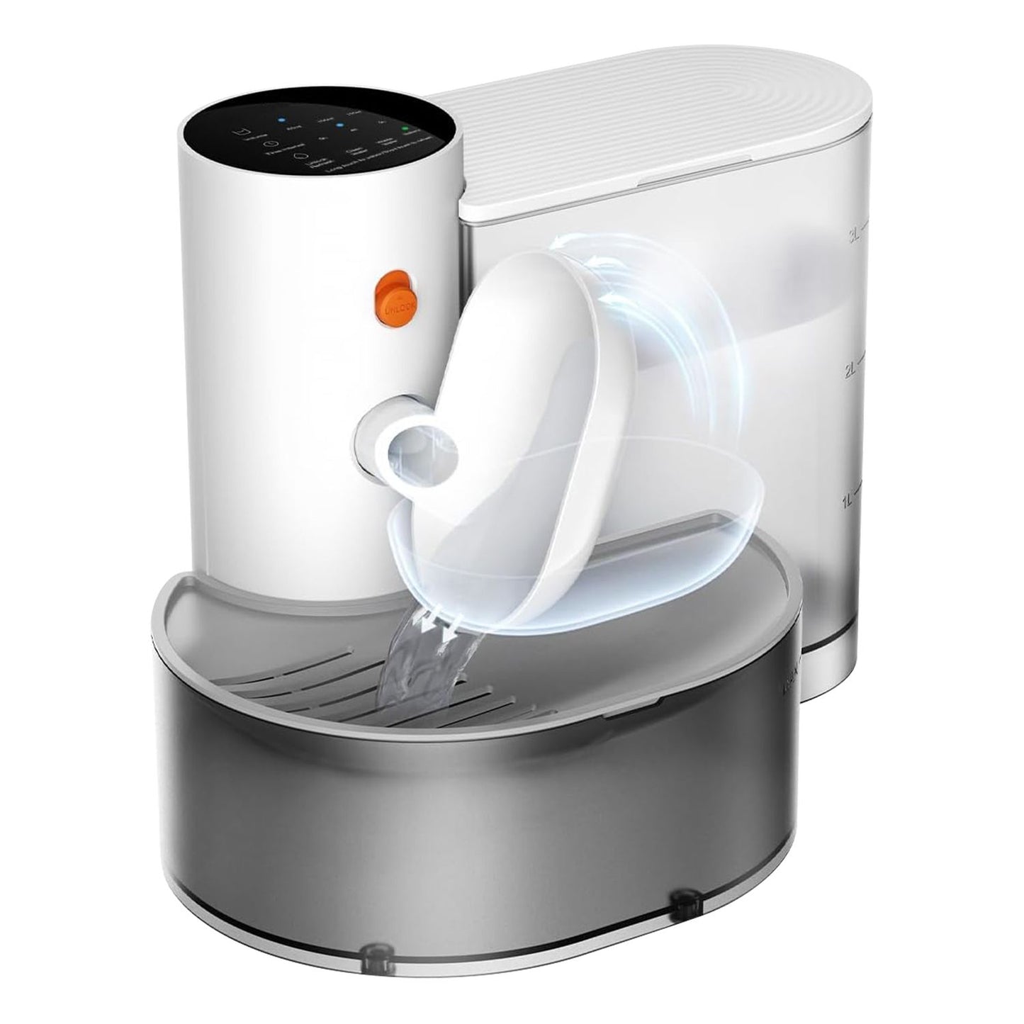 Isolated white automatic pet water fountain with translucent clean tank and grey waste basin on white background