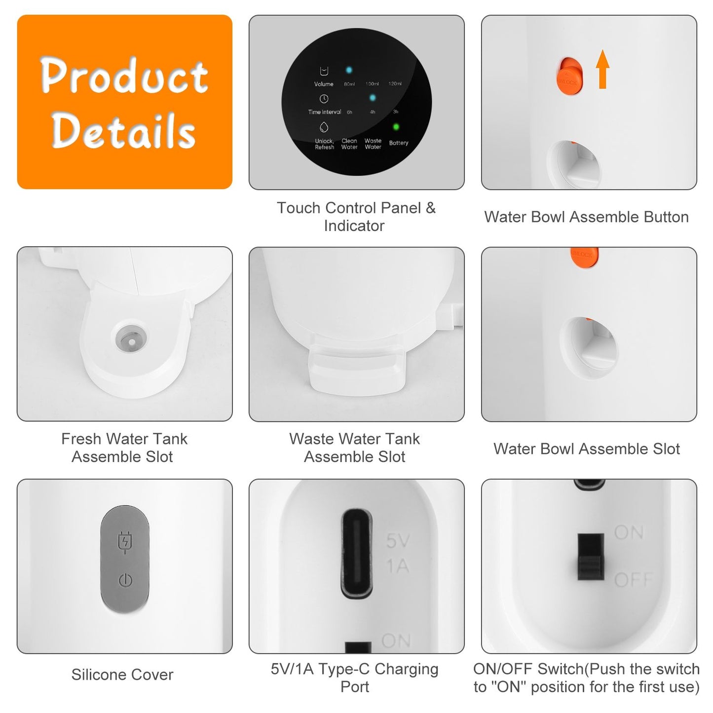 Detailed close-ups of touch control, assemble buttons, tank slots, Type-C charge port and on off switch