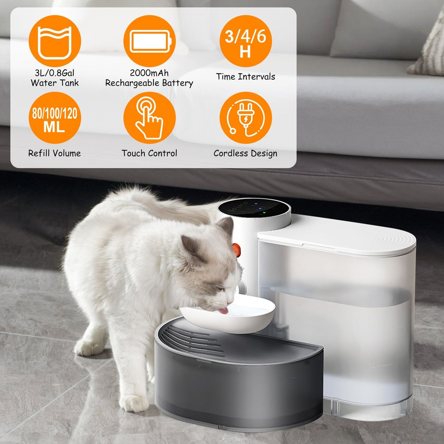 Cat drinking from the automatic pet water dispenser bowl placed on floor