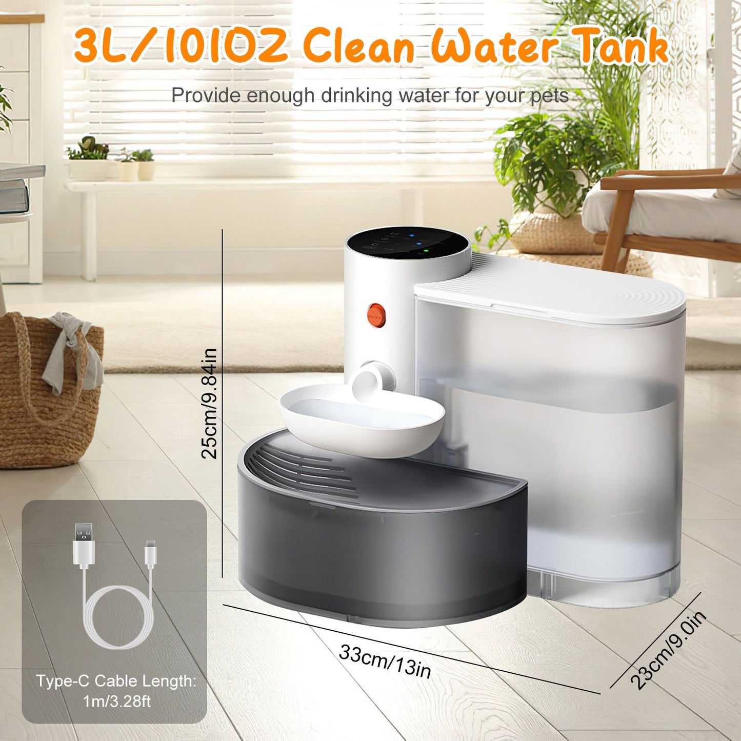 Automatic pet water fountain with 3L clean tank and 1.5L waste tank with dimensions 33x23x25 cm