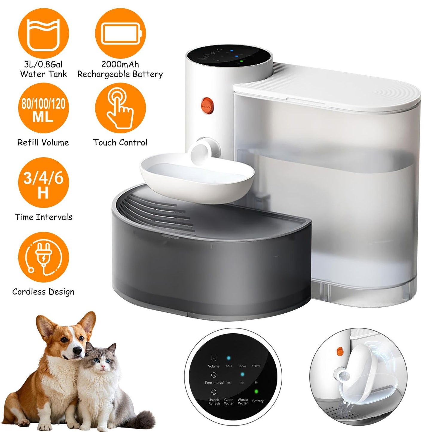 White cordless automatic pet water fountain with 3L tank, grey waste bowl, touch panel and orange unlock button