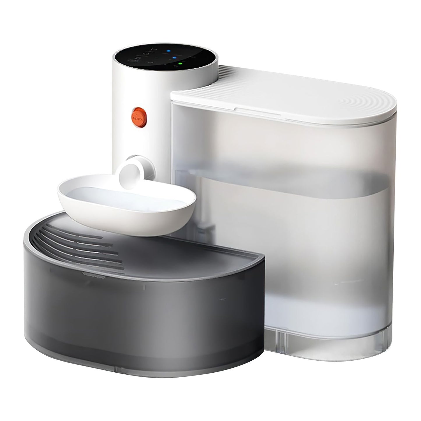 Two cats using the automatic water fountain together in a living area