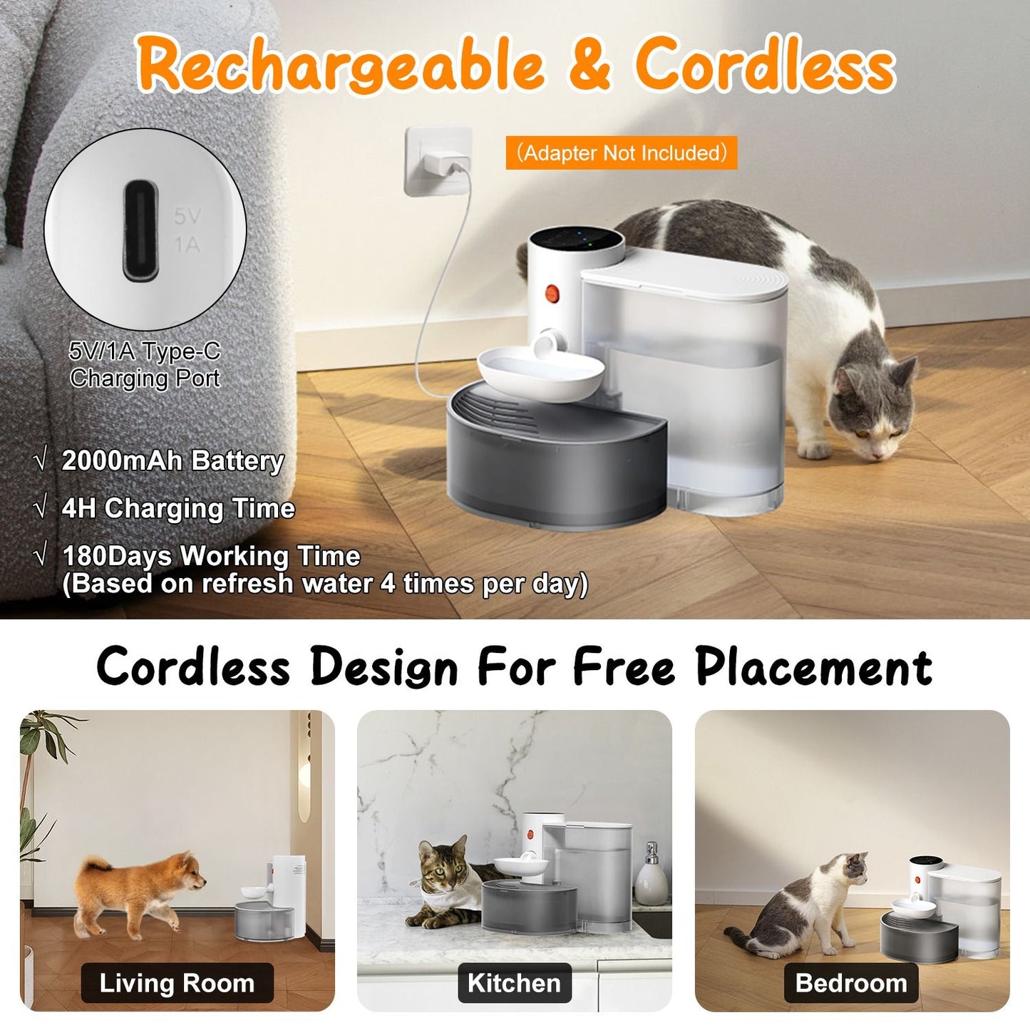 Cordless rechargeable pet fountain by wall with cat, 2000mAh battery and charging cable shown