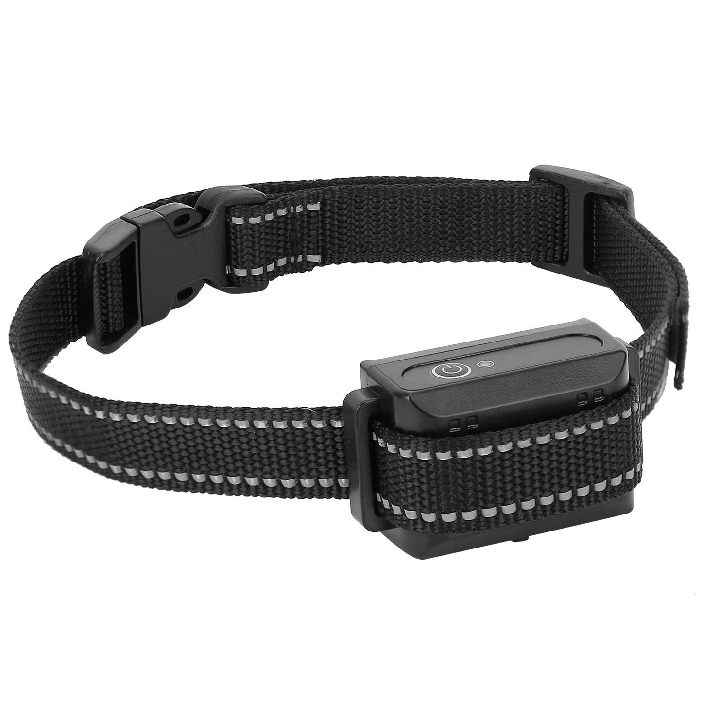 Angled view of black nylon collar with IP67 receiver, quick-release buckle and reflective stitched webbing