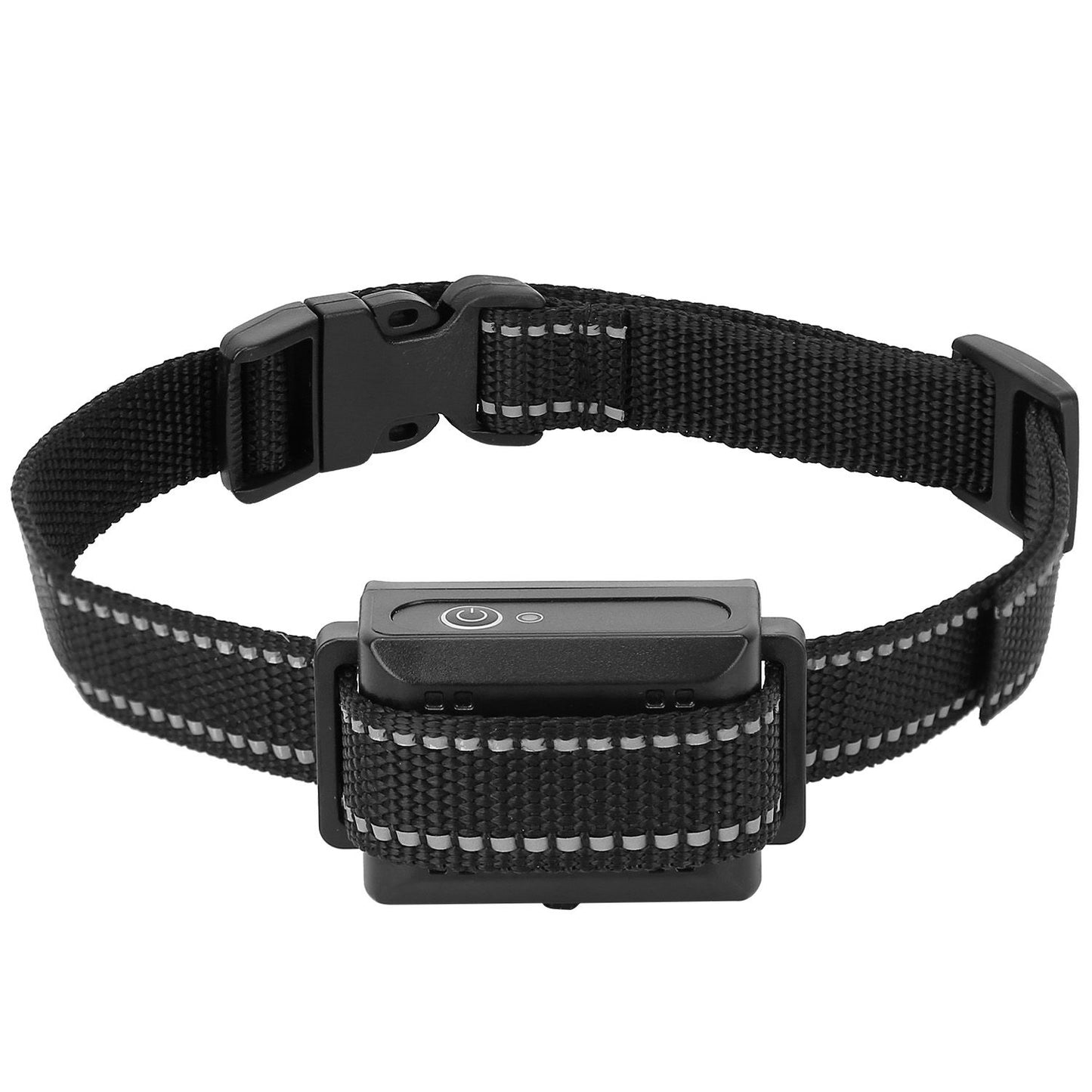 Front view of collar receiver mounted on adjustable black strap showing power symbol and low-profile design