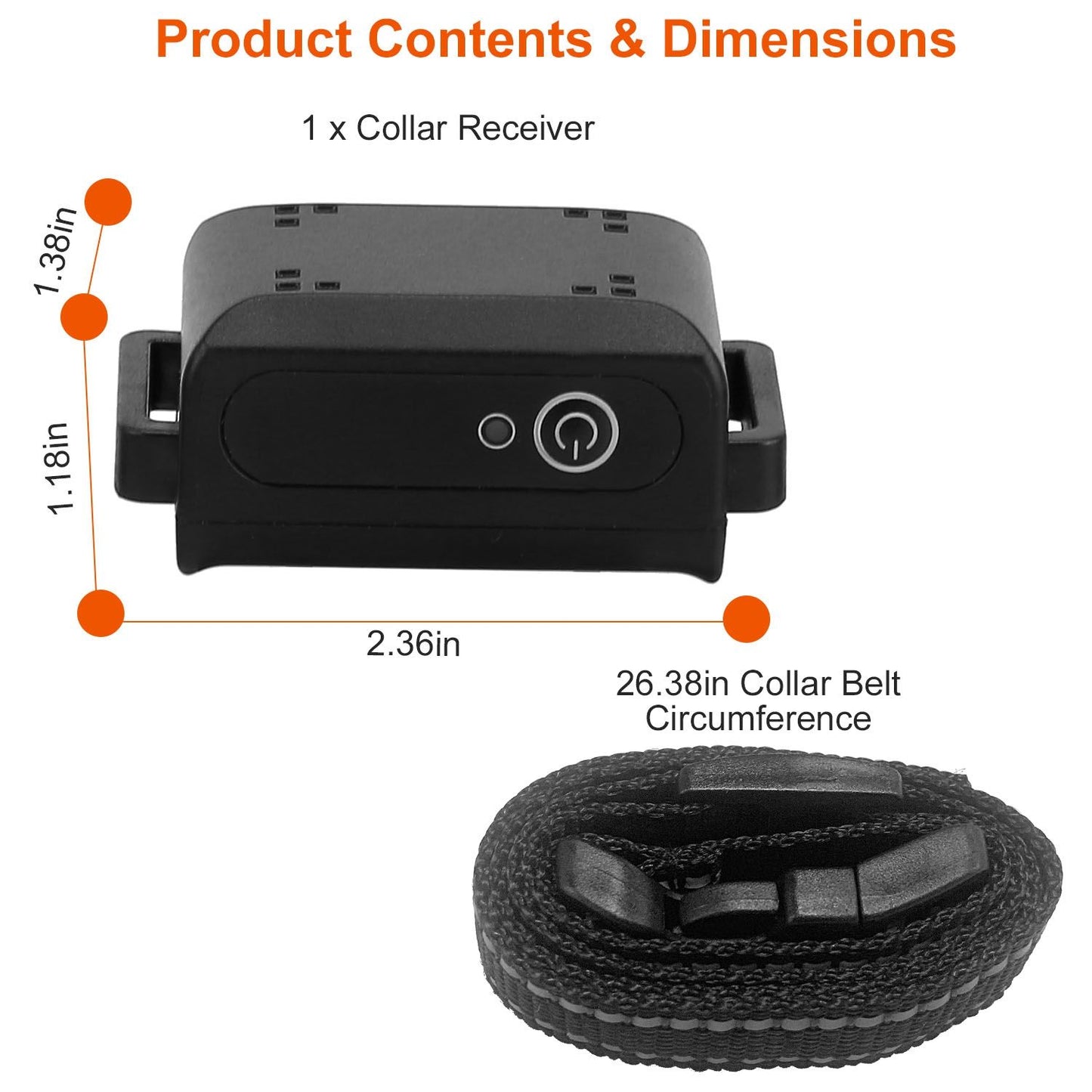 Receiver module with labeled dimensions and included rolled adjustable collar belt in product contents graphic