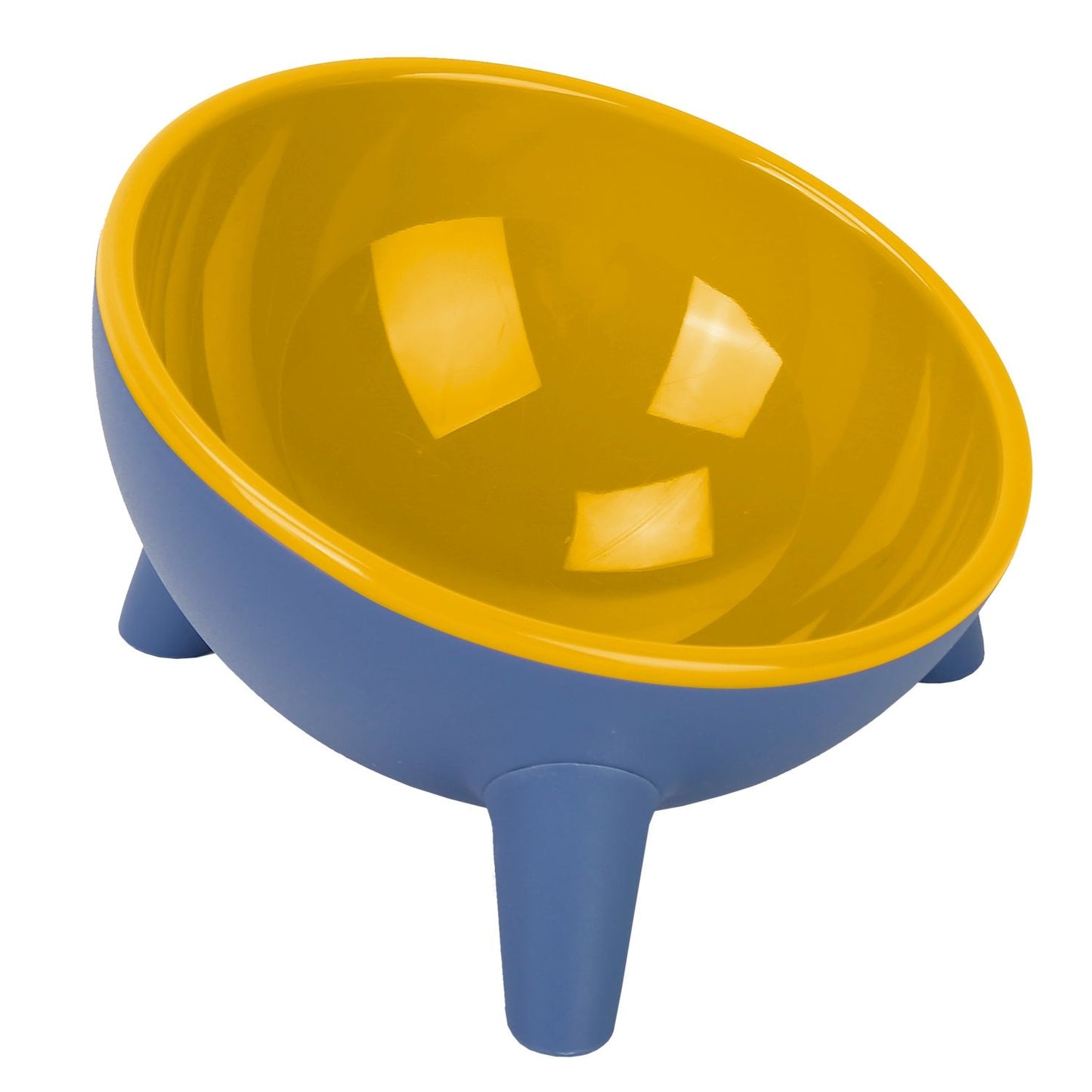 Empty tilted bowl blue exterior with glossy yellow interior on decorative pedestal