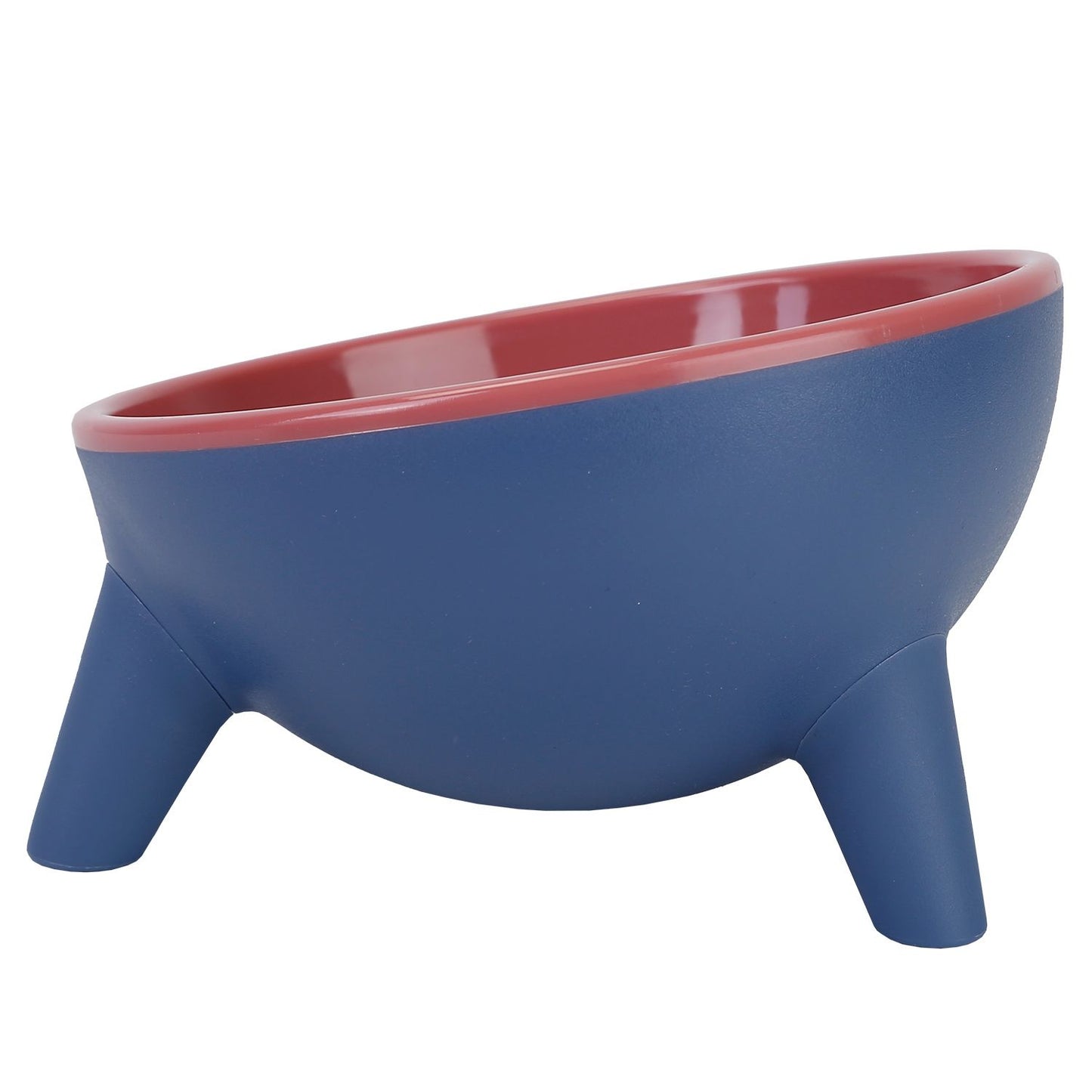 Close-up of angled blue bowl with pink interior filled with dry cat food