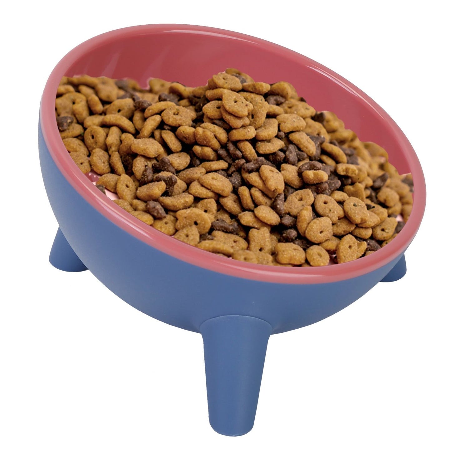 Empty blue exterior tilted bowl with glossy pink interior on stepped pink pedestal