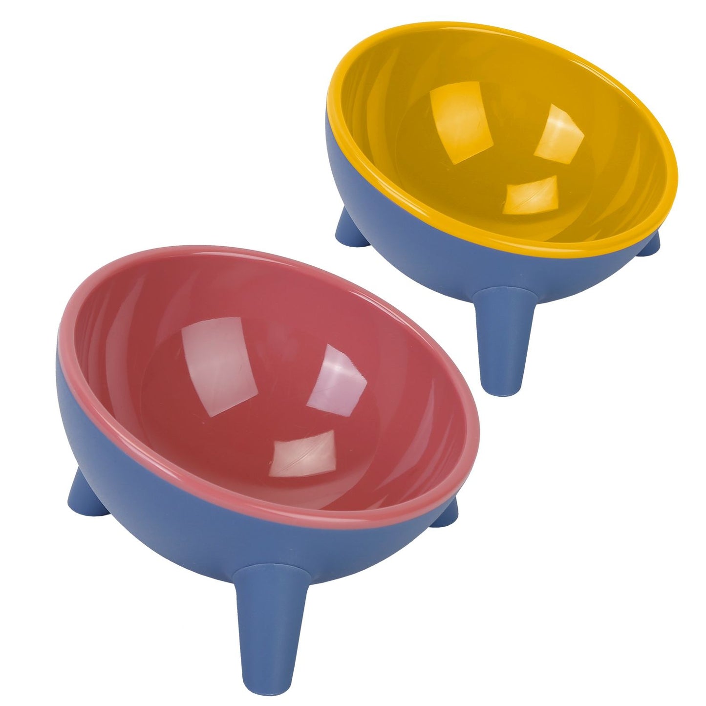 Empty tilted pet bowl with glossy pink inner dome and matte blue outer finish