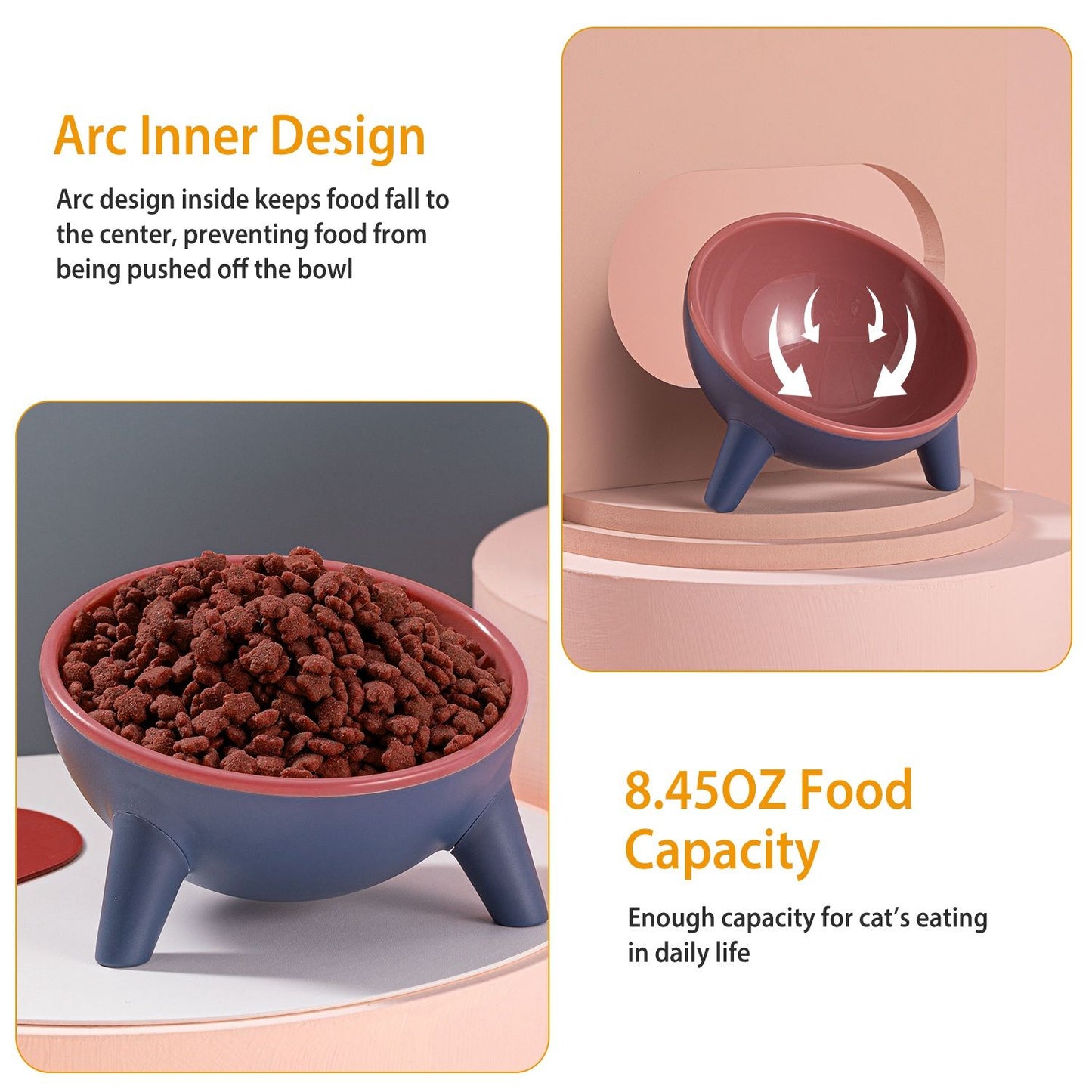 Three-legged triangle-design elevated bowl shown angled to illustrate stable base