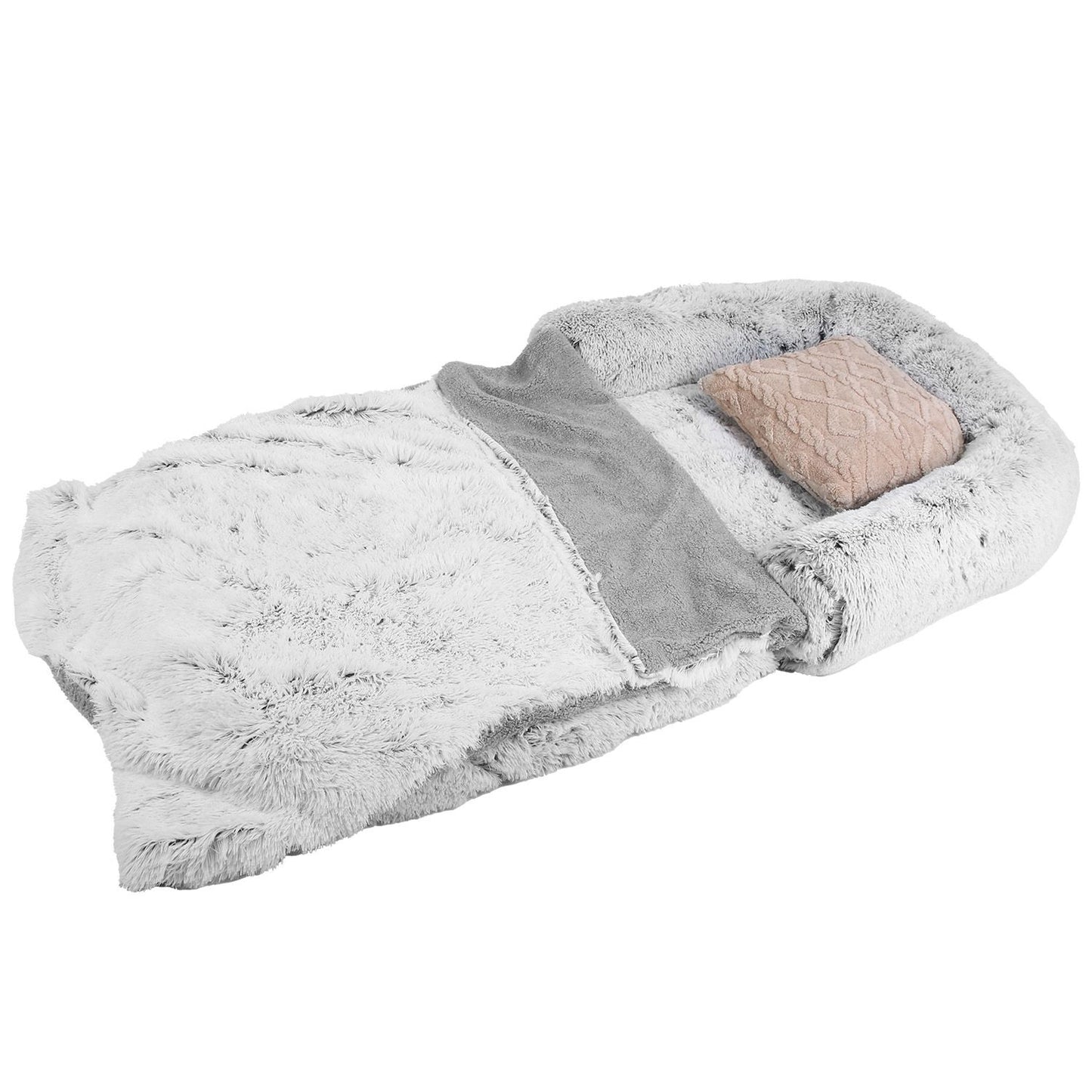 Grey fluffy foldable human-sized dog bed laid flat with blanket and pillow