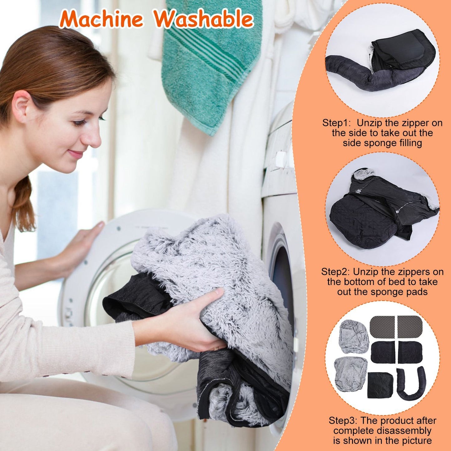 Machine-washable demonstration showing removable cover and disassembled sponge pads