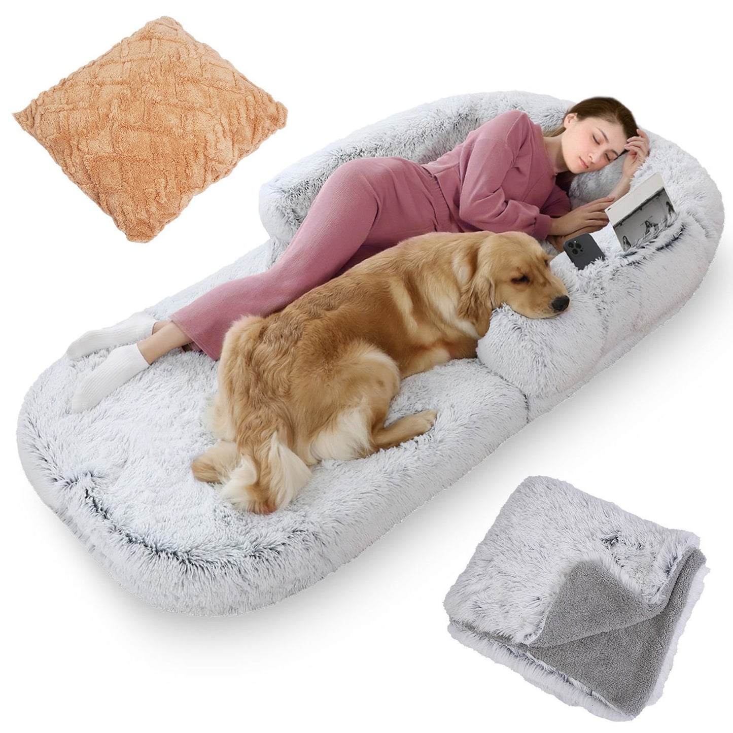 Human-sized plush bed unfolded with person reclining and dog resting on top