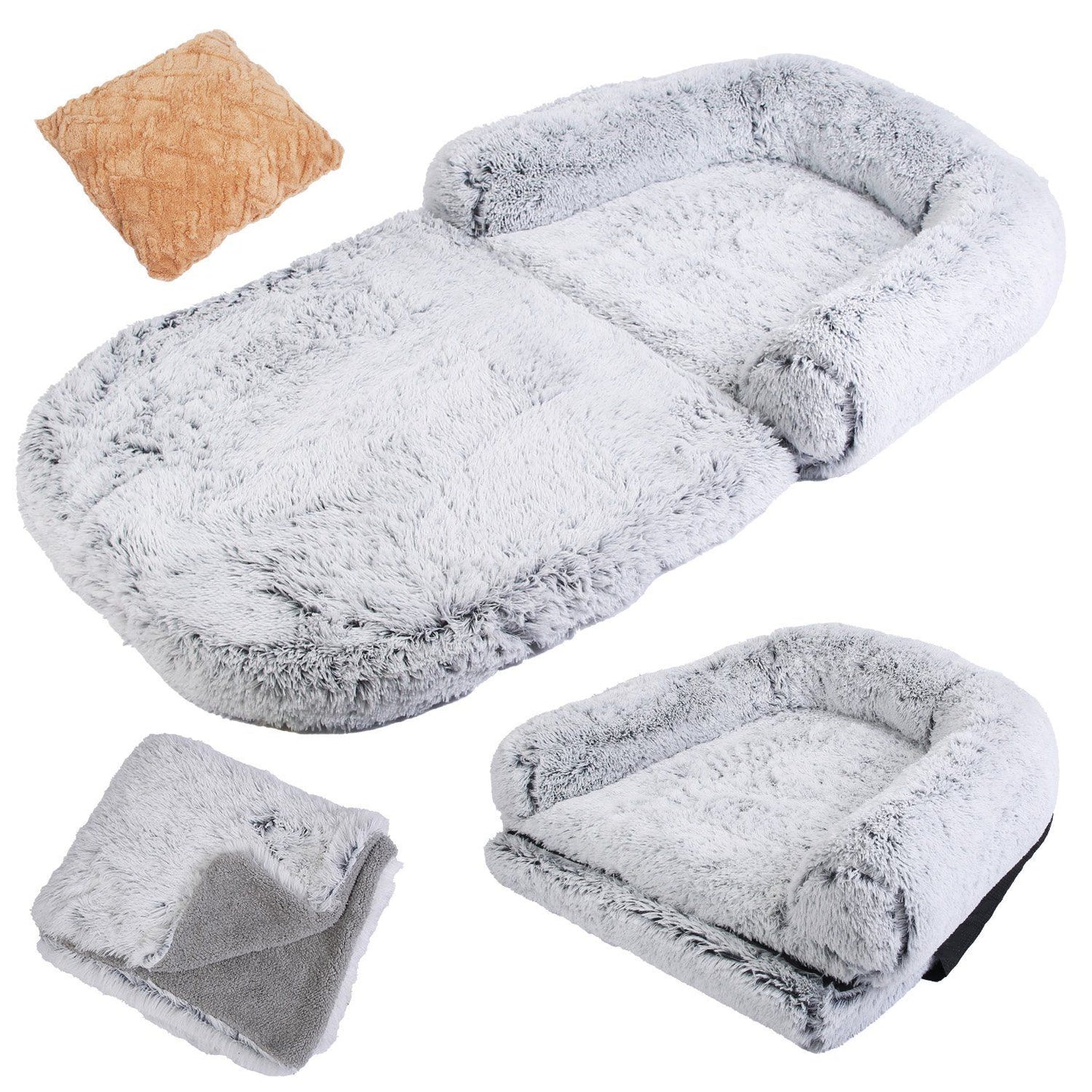 Studio collage showing unfolded bed, folded configuration, blanket and pillow included