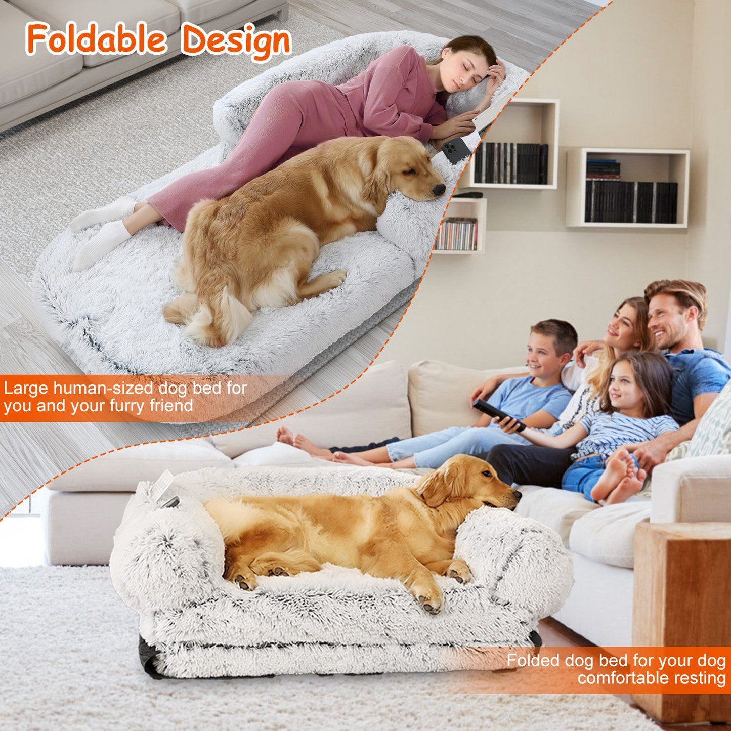 Foldable design collage showing bed unfolded for napping and folded into sofa-like pet couch