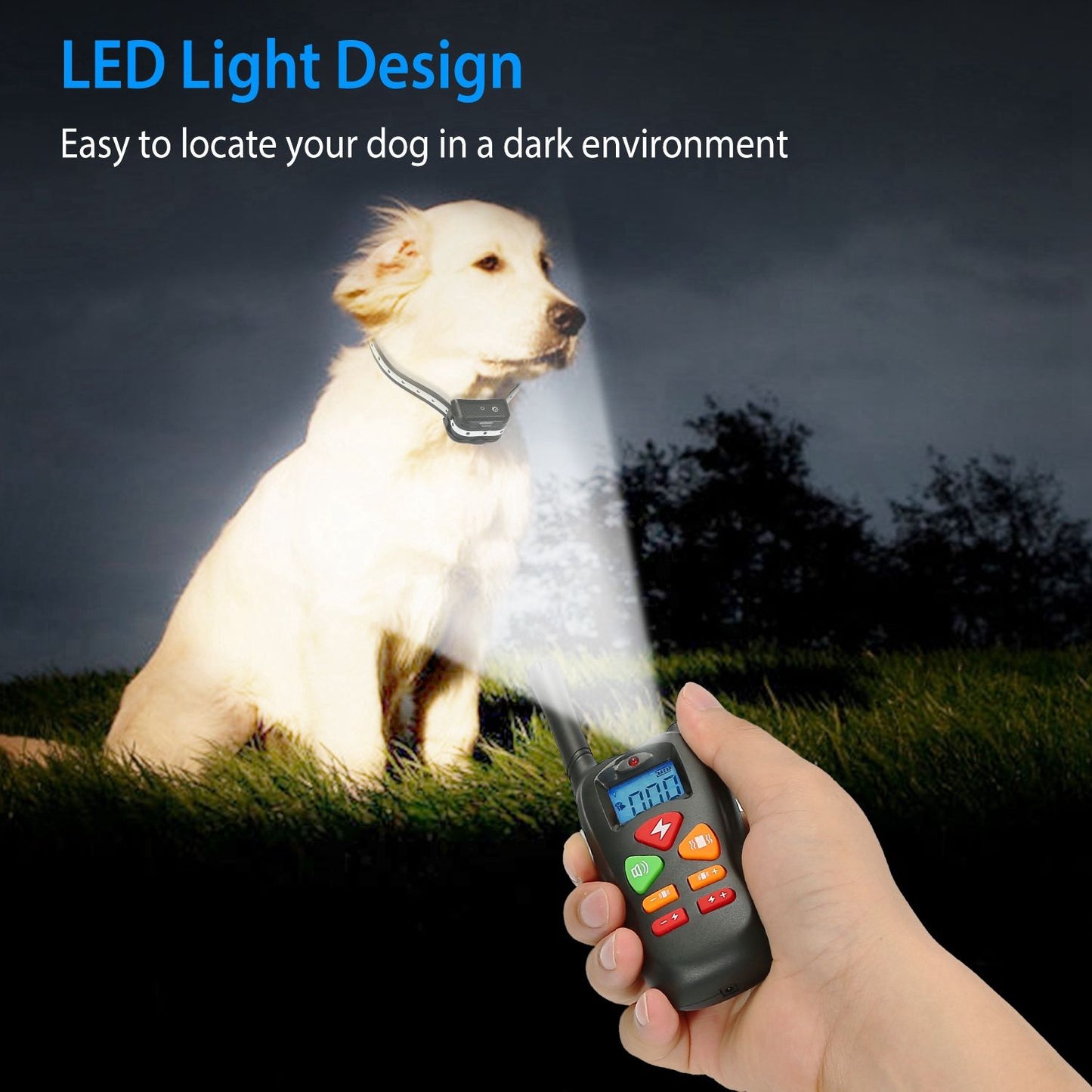 Remote LED beam illuminating a dog at night to show collar locating feature