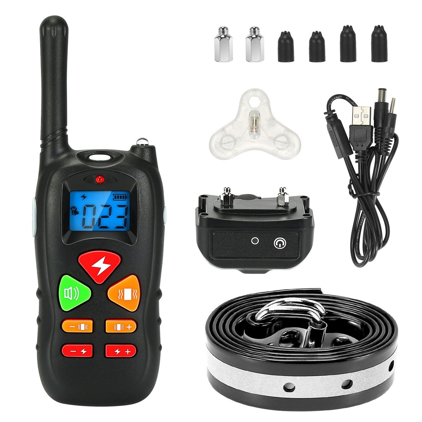 Flat lay of transmitter receiver collar belt 2-in-1 charging cable test bulb silicone contactors and spare contacts