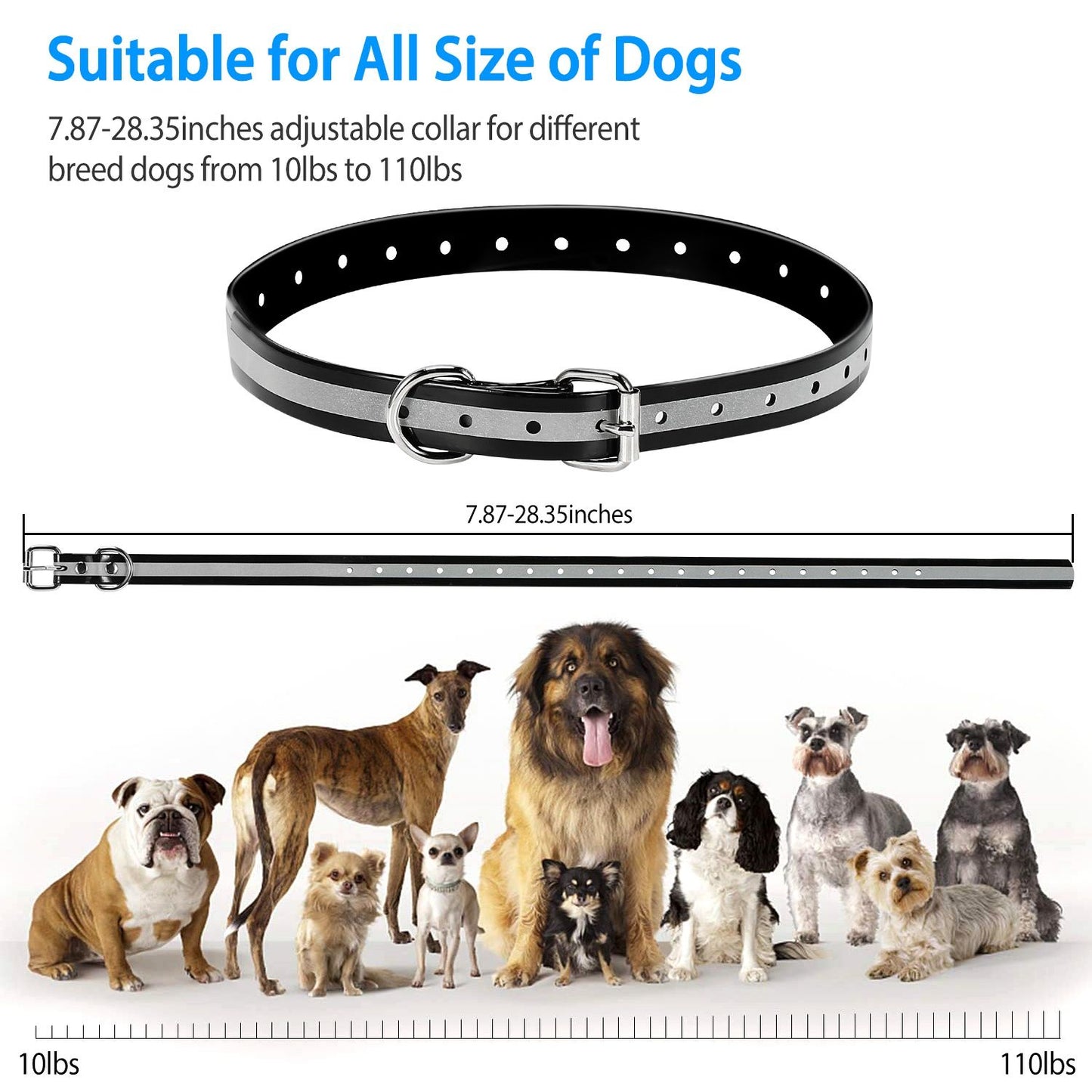 Adjustable black collar belt with reflective stripe and measurement 7.87–28.35 inches