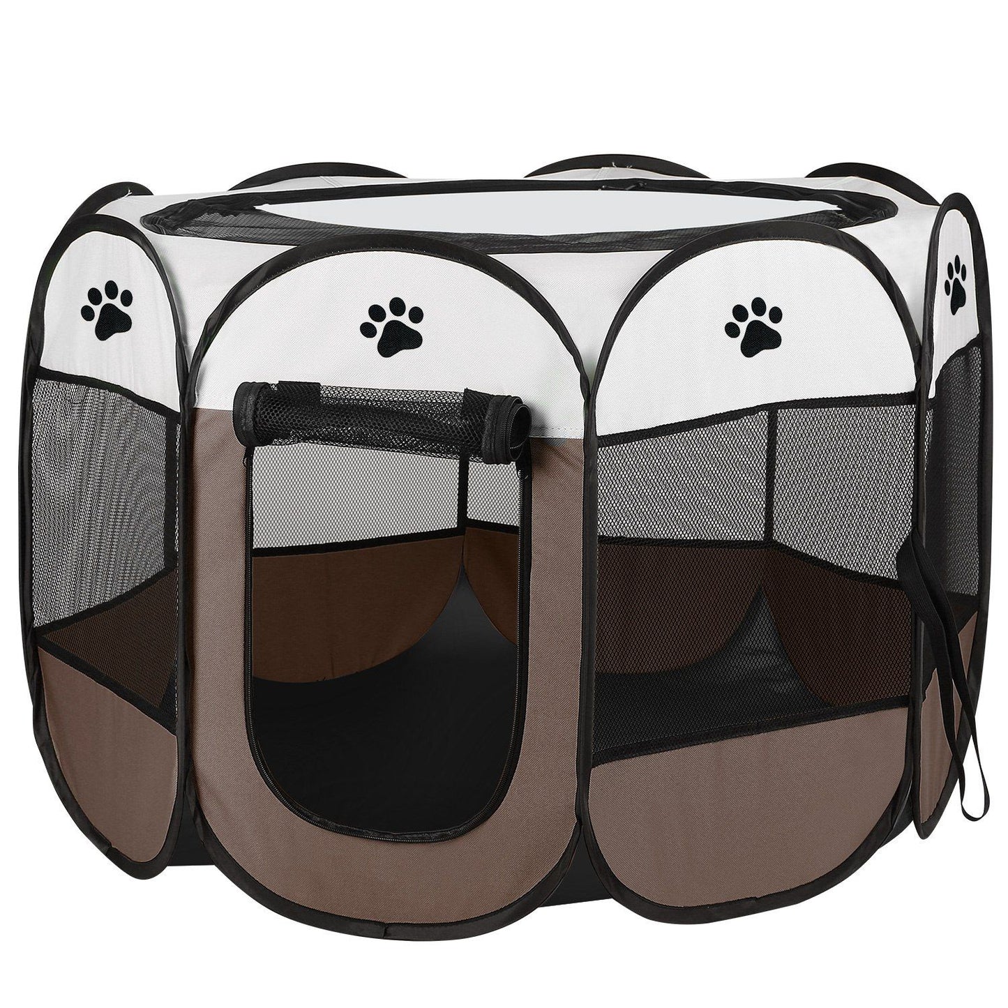 Brown eight-panel foldable pet playpen with paw-print accents and mesh panels
