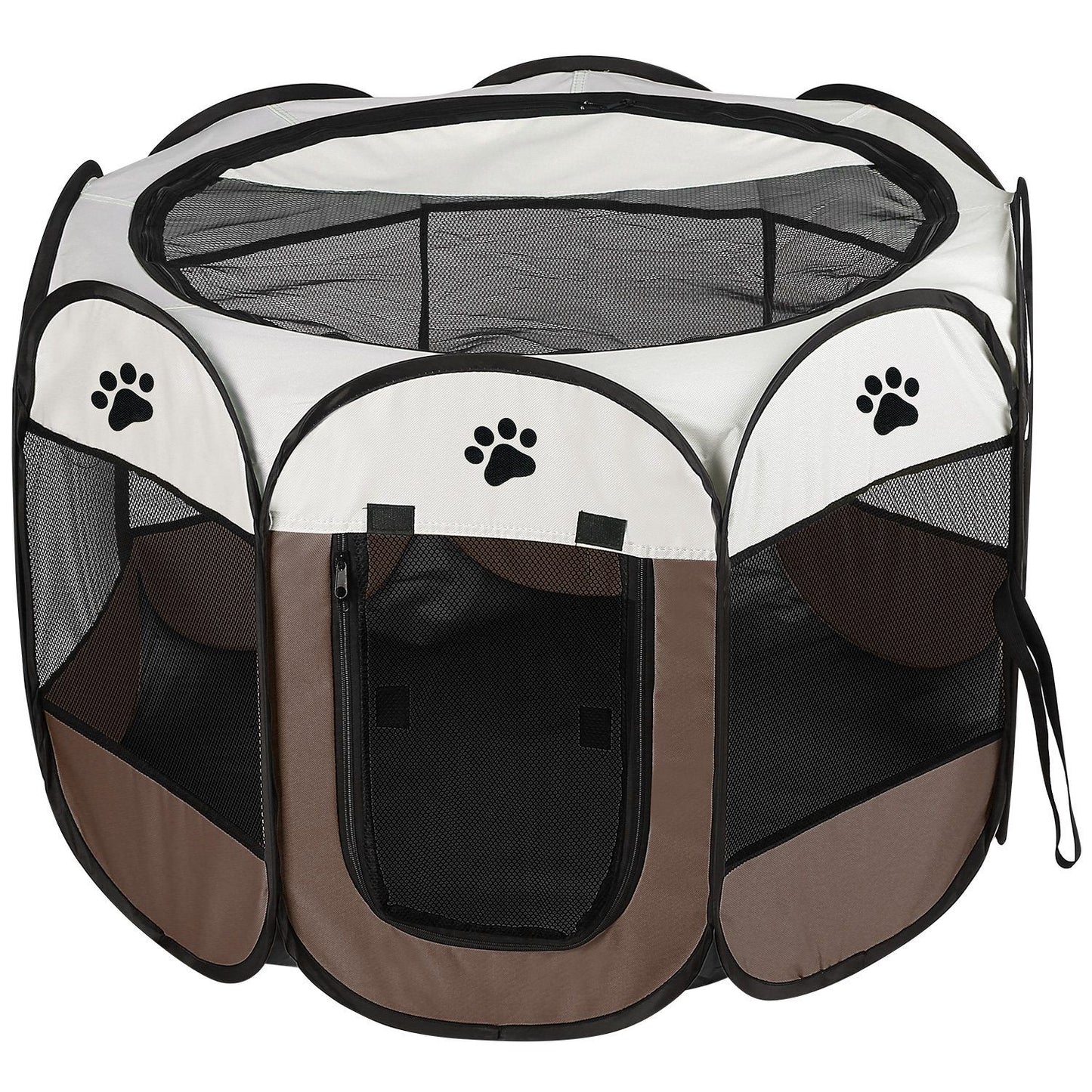 Front view of brown playpen showing double-zippered door, mesh panels and paw-print accents