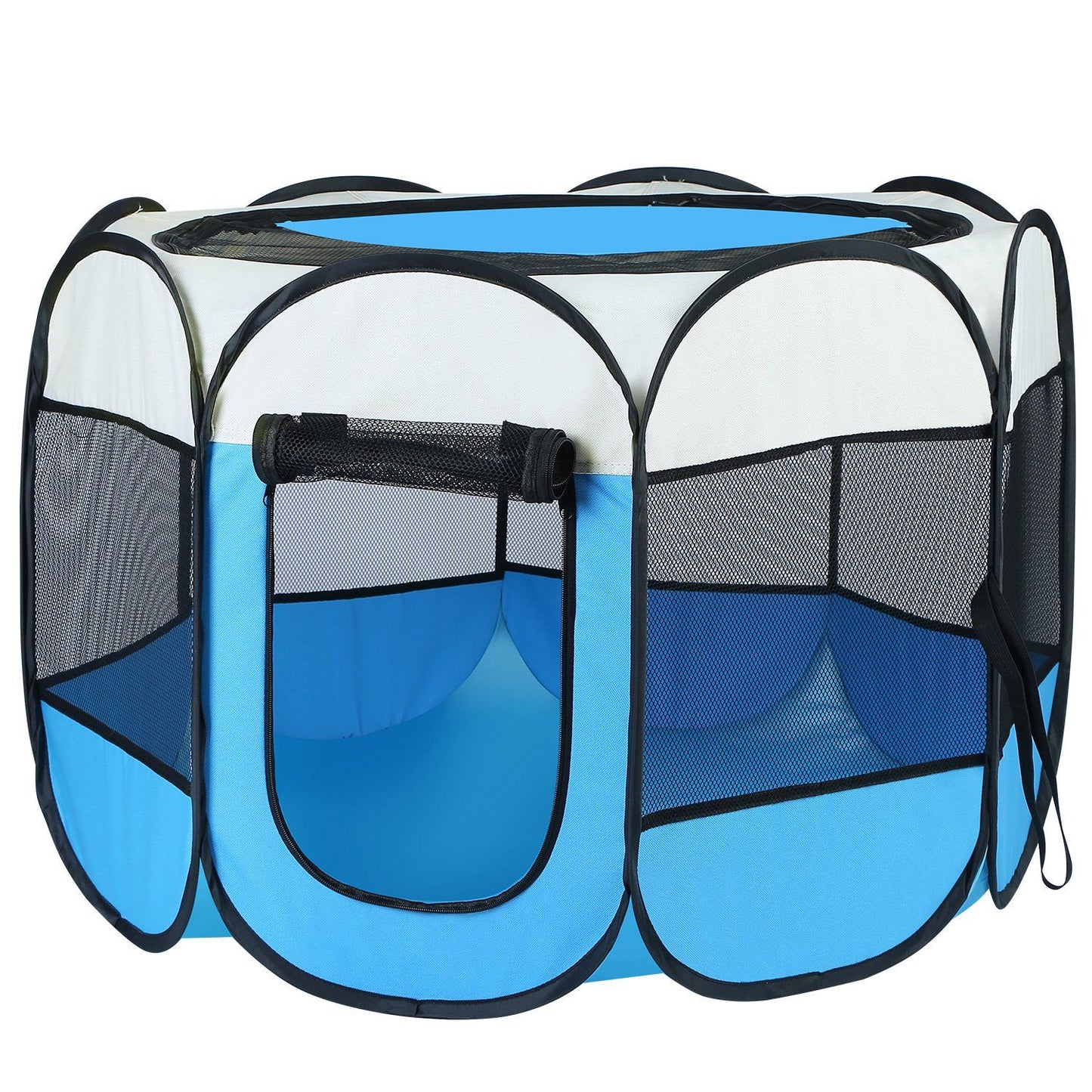 Blue eight-panel foldable pet playpen with mesh top, roll-up front door and carrying strap
