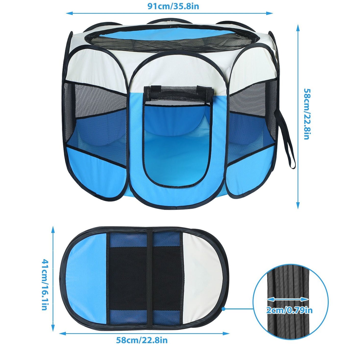 Playpen dimensions showing 91x91x58 cm unfolded and folded 60x41x3 cm with frame measurements