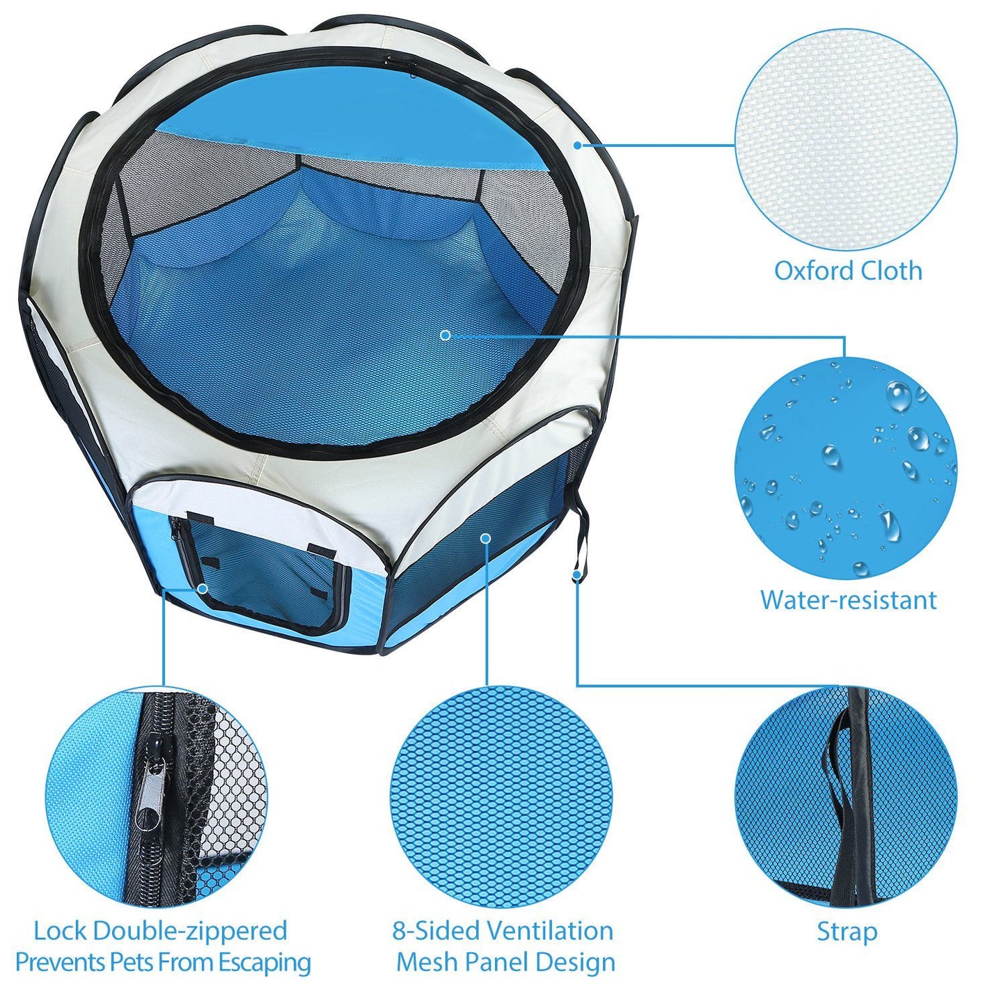 Diagram of playpen features showing water-resistant fabric, mesh ventilation and double-zipper locks