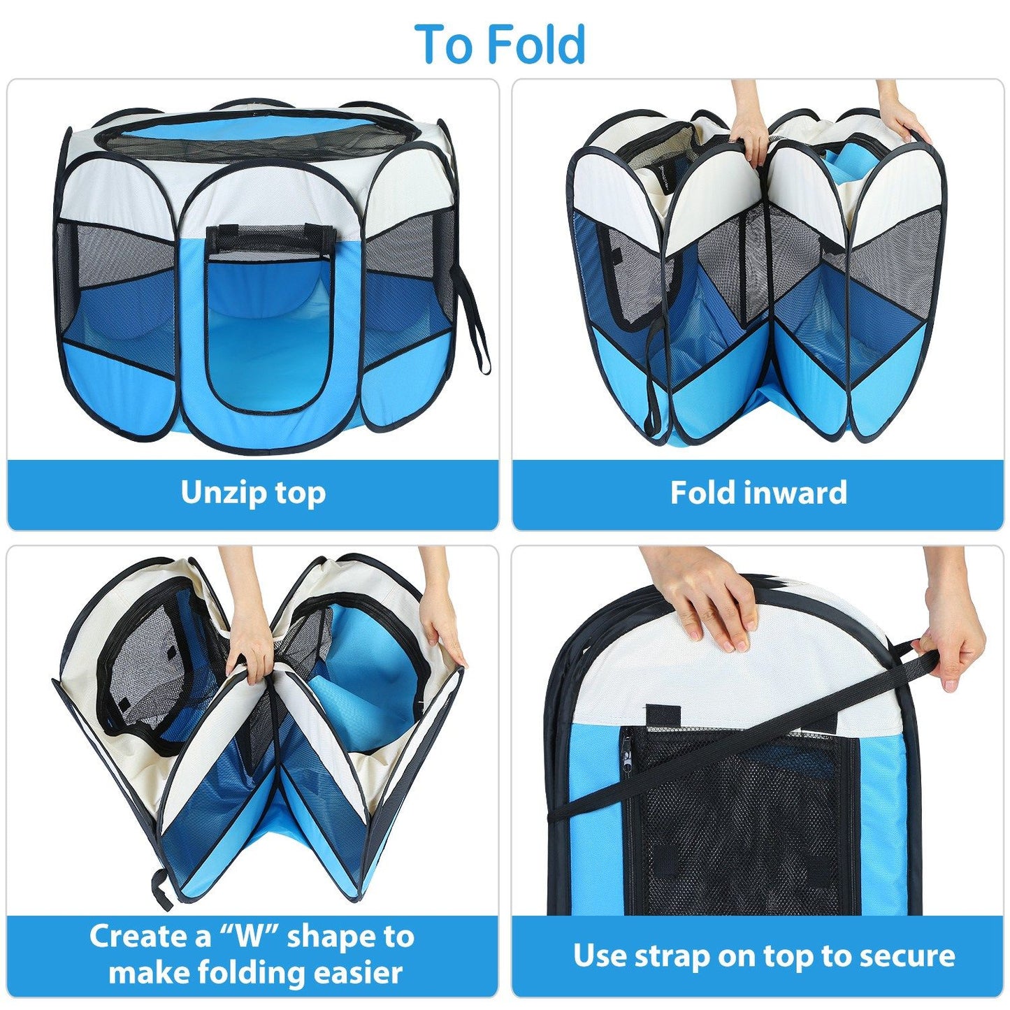 Step-by-step folding instructions showing unzipping, folding into W shape and securing with strap