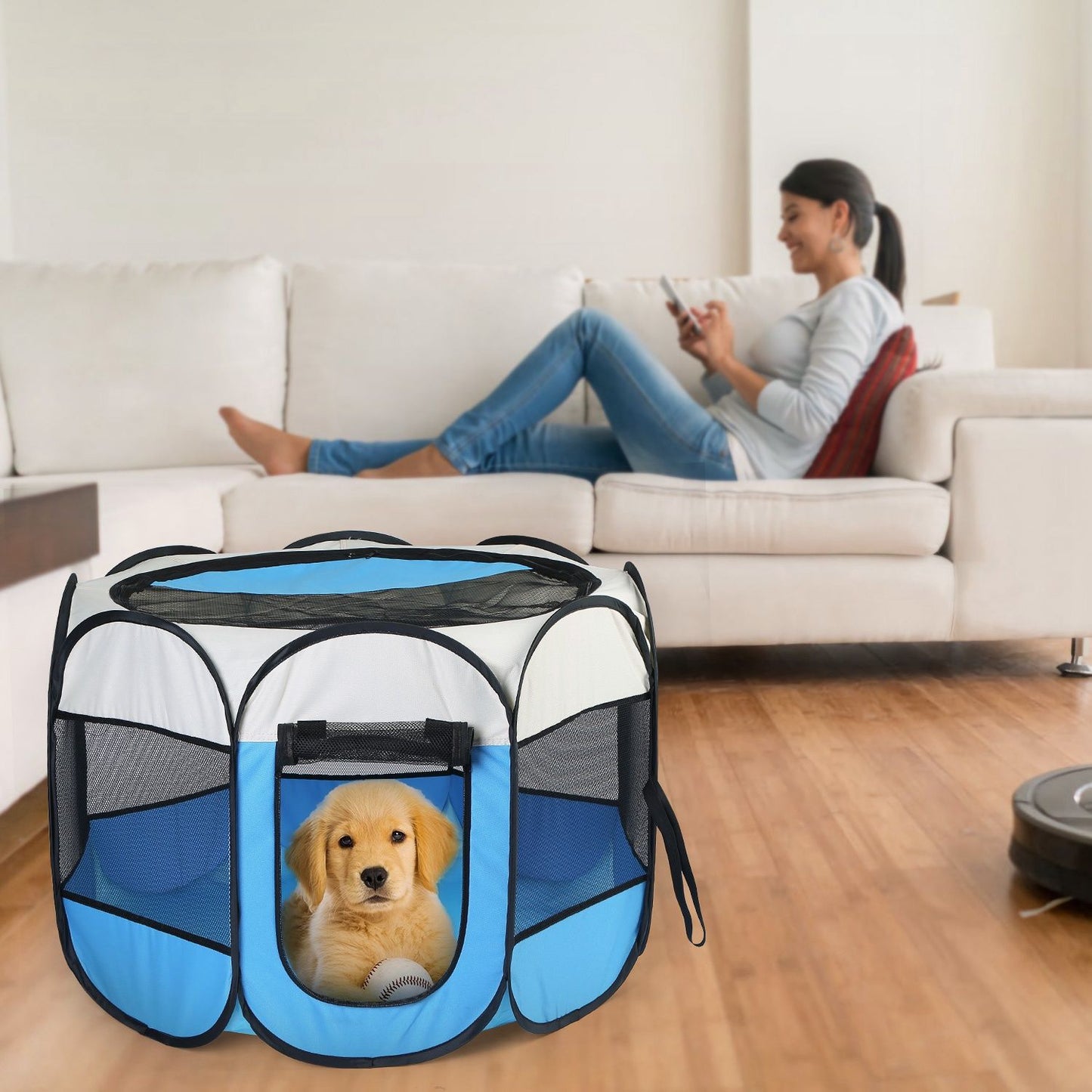 Blue playpen on living room floor with small puppy inside and person on sofa for scale