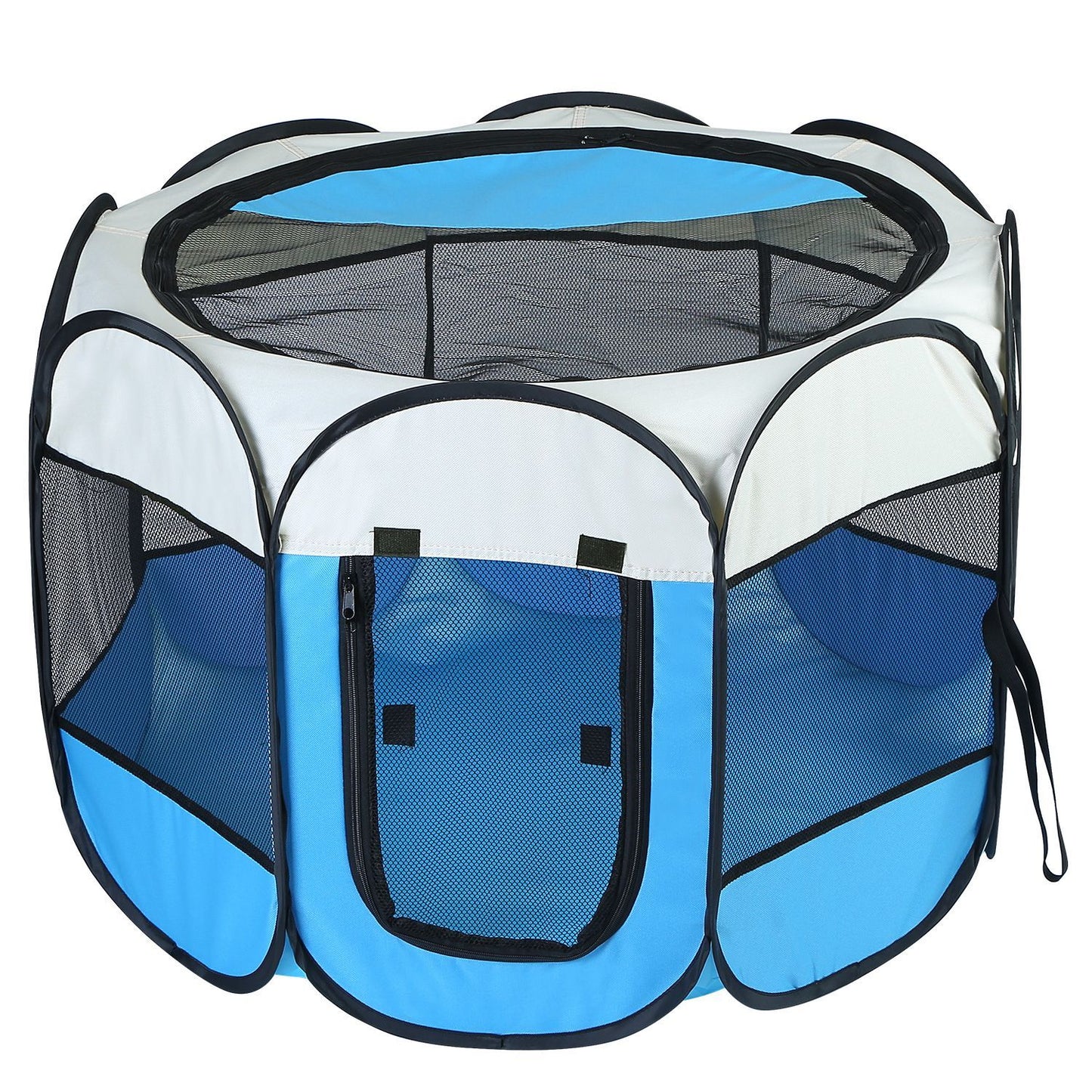Top and front view of blue playpen showing mesh top, waterproof base and zippered entrance
