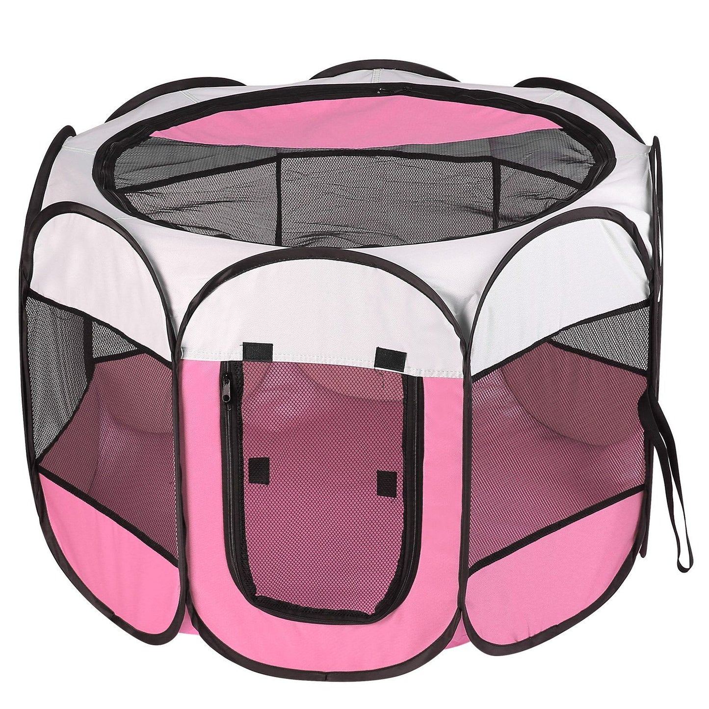 Elevated view of pink playpen showing mesh top, zippered front and reinforced binding