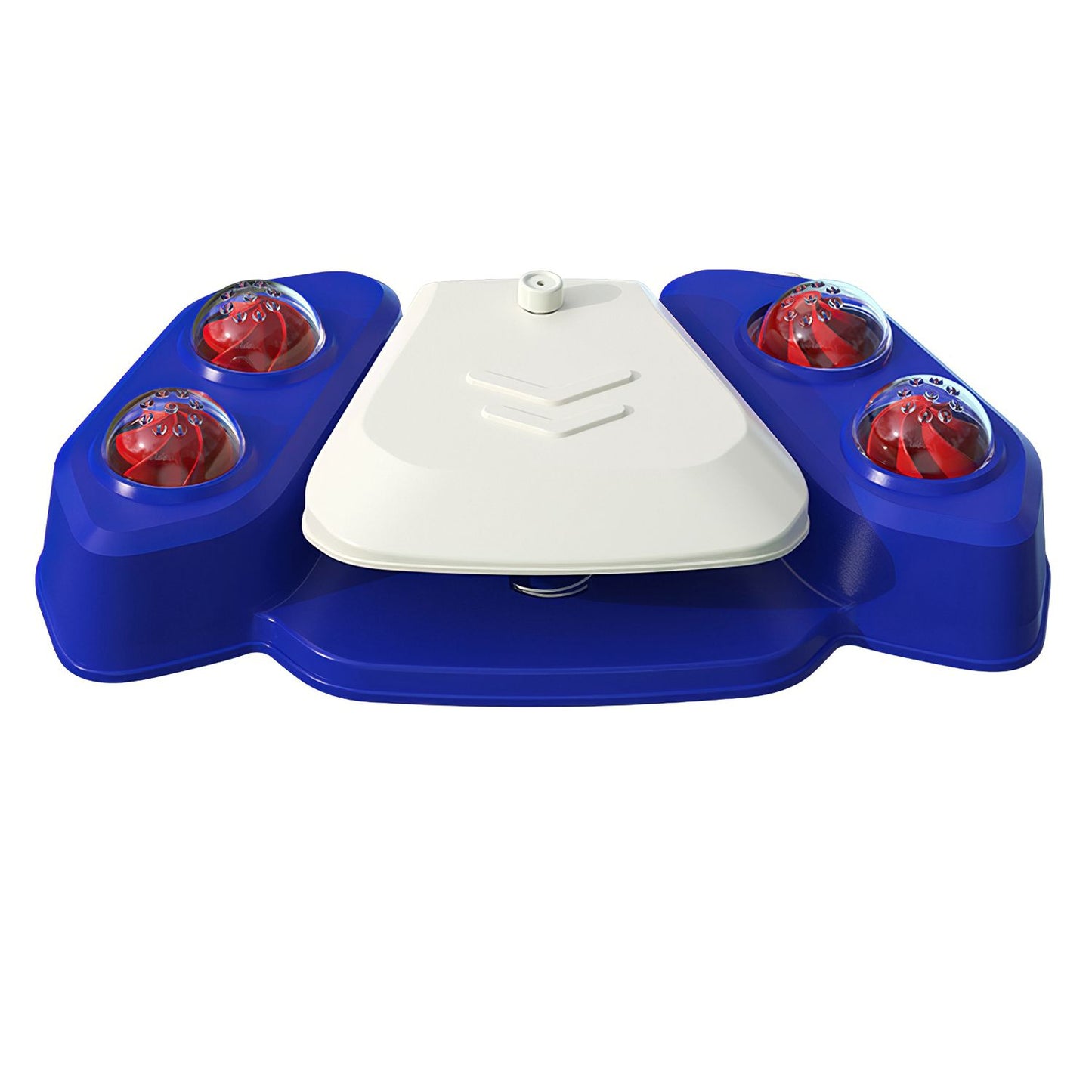 Blue and white step-on fountain close-up showing pedal and four domed shower ball covers