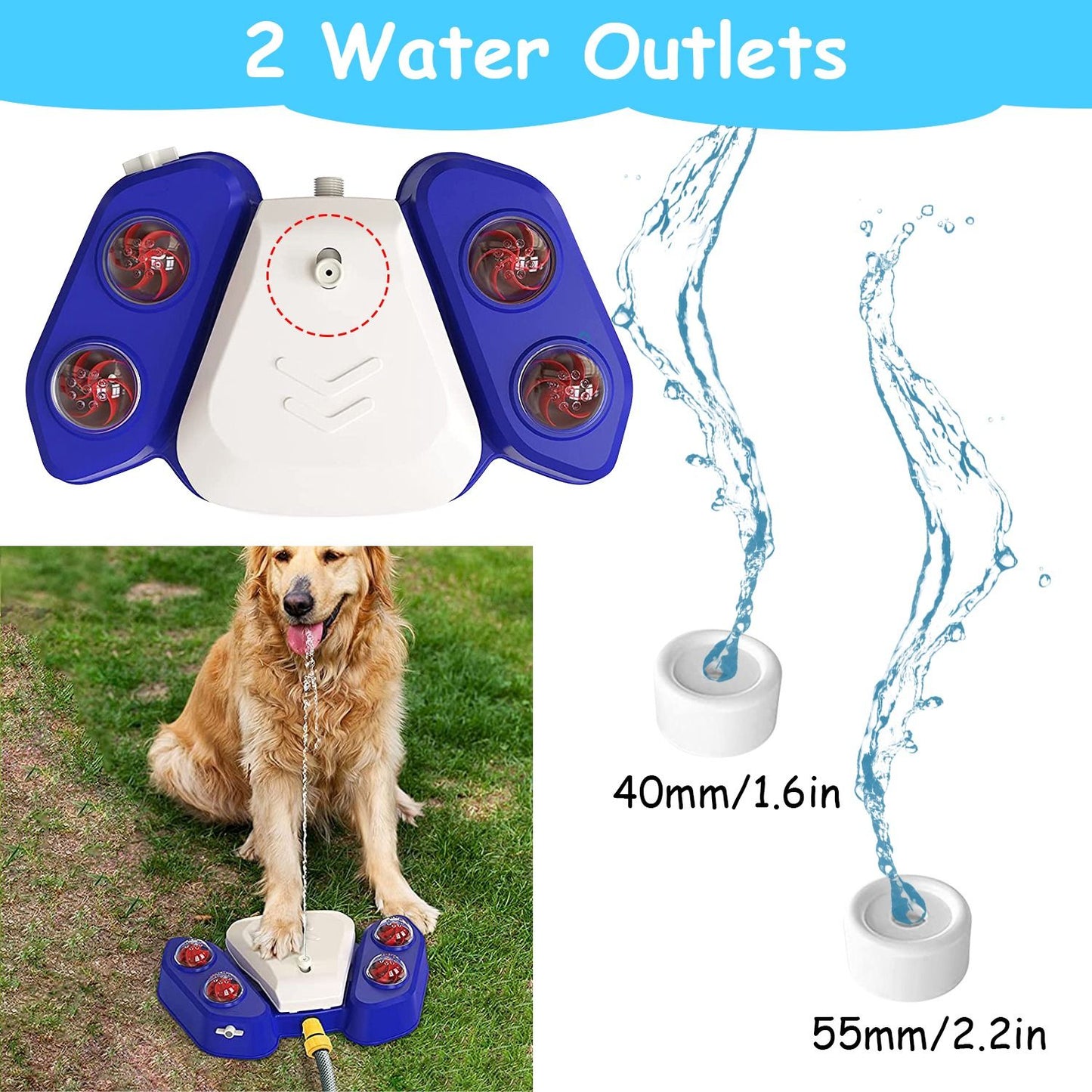 Top view of dog water fountain with two interchangeable outlet sizes and inset dog using it
