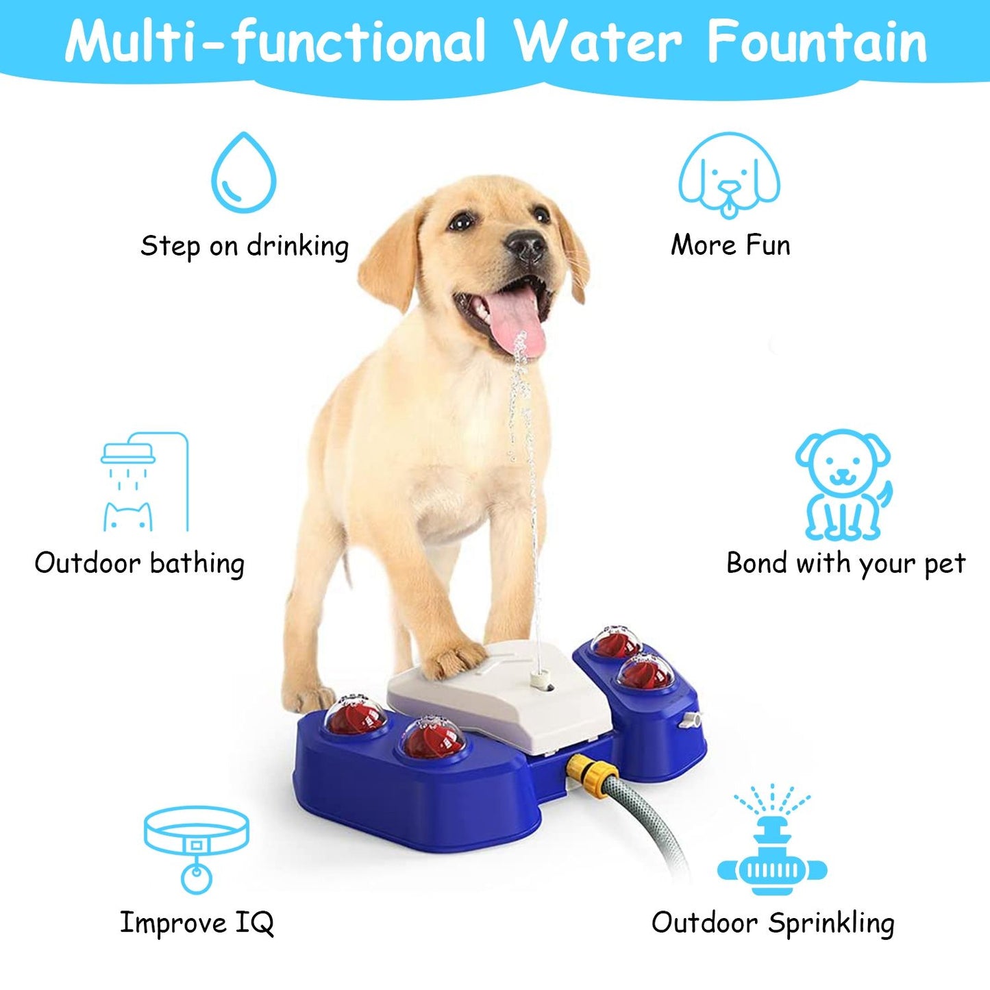 Dog activating step-on water fountain pedal outdoors, showing multifunction uses like bathing and drinking