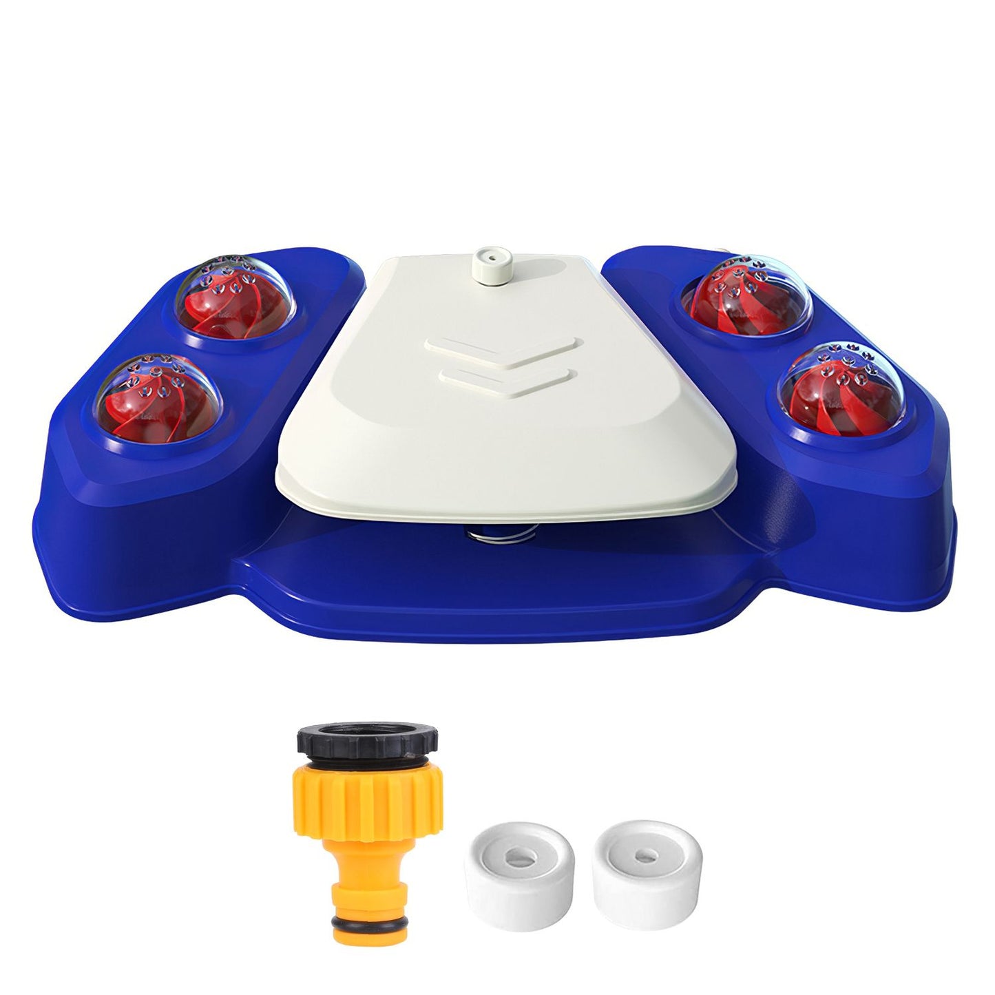 Blue-white dog fountain with yellow hose connector and two white outlet inserts shown on white background