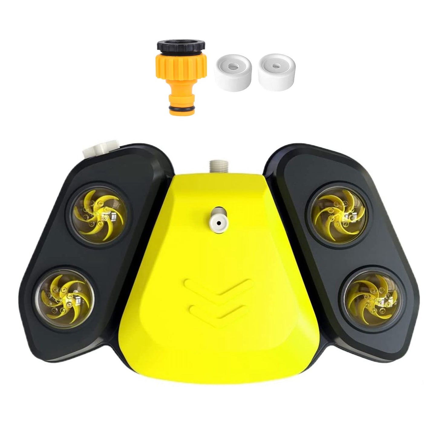 Yellow and black variant of step-on dog fountain with hose connector and two outlet inserts