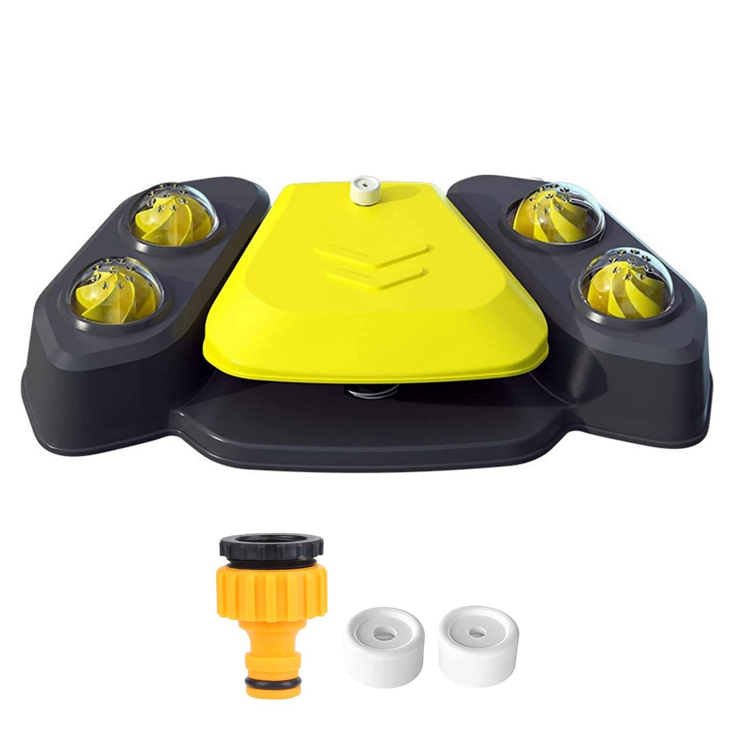 Low-angle yellow-and-black step-on fountain with shower balls and accessories on white background