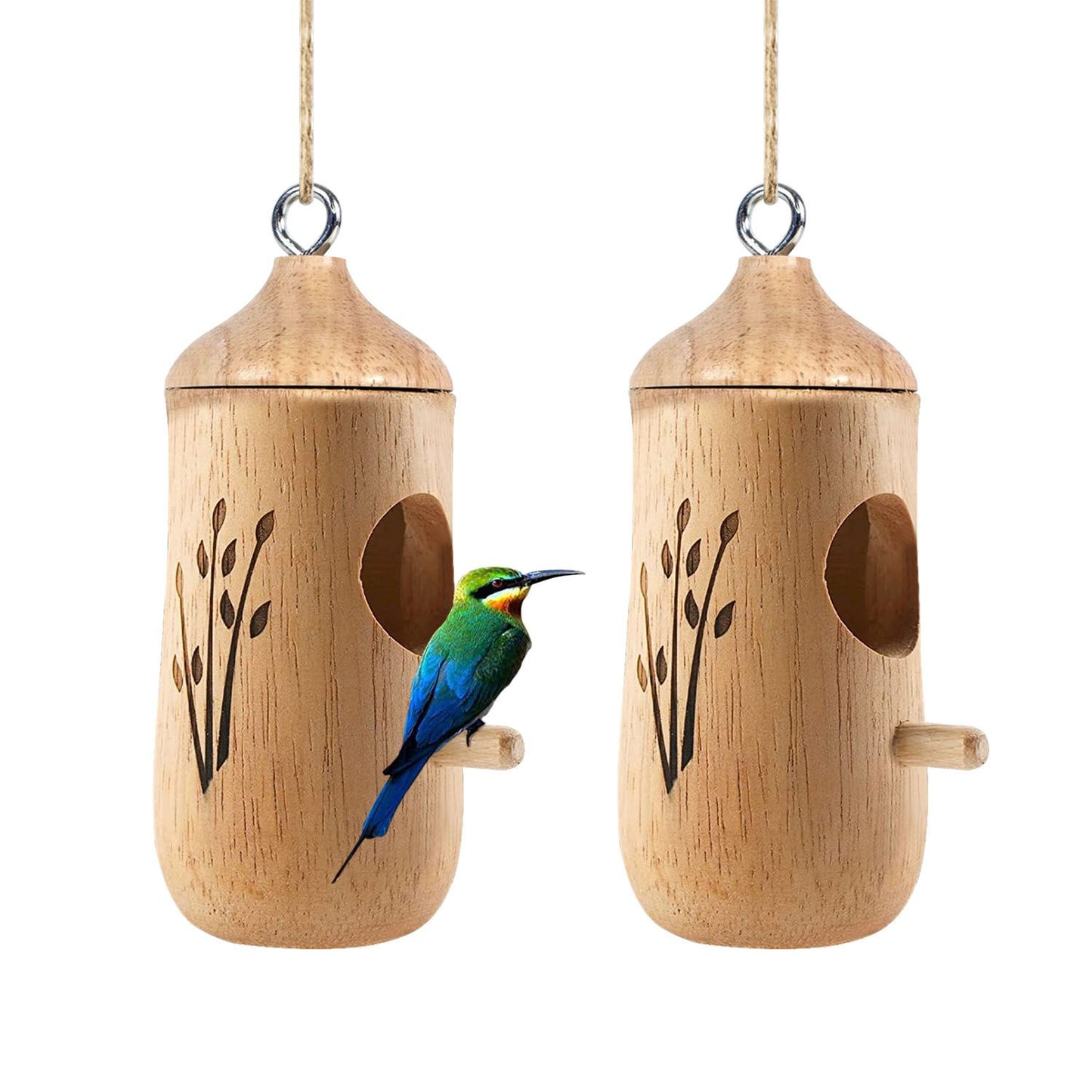 Two wooden hummingbird houses on white background, one with bird perched on the wooden dowel