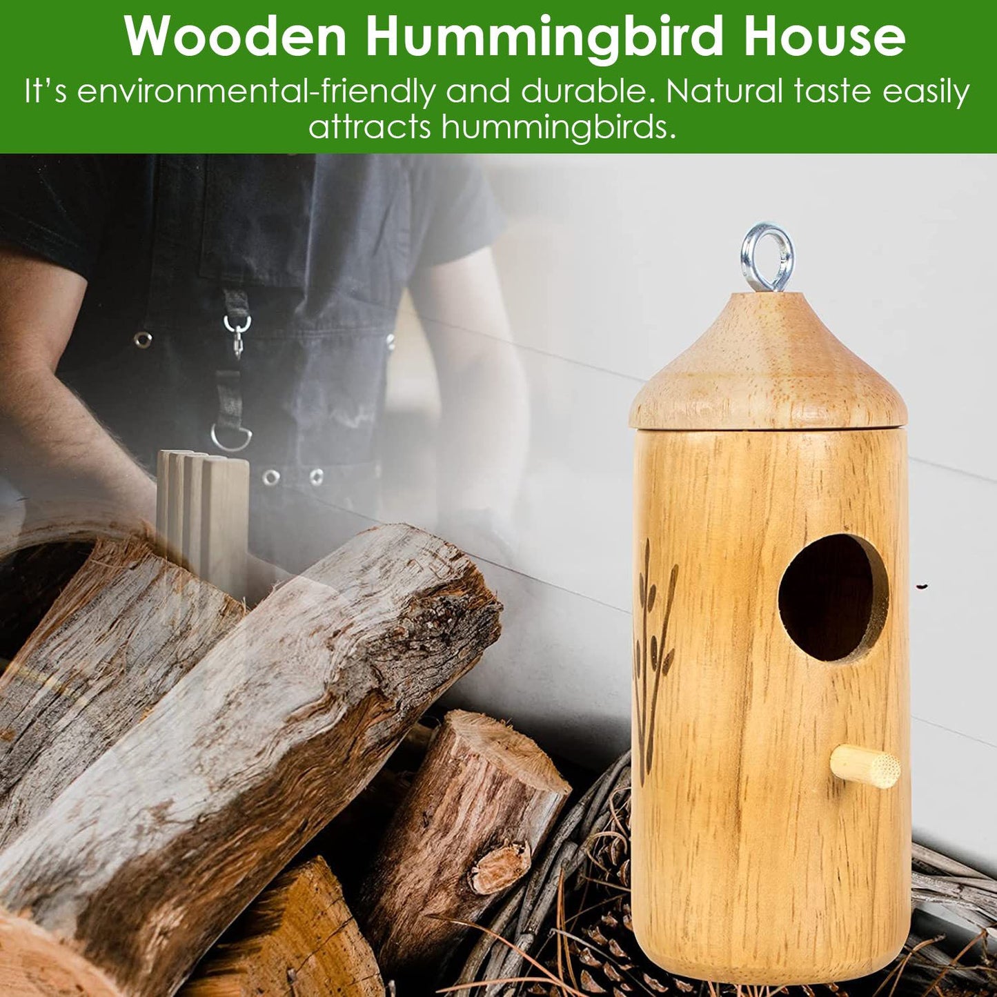 Wooden hummingbird house with metal ring and hanging rope shown against a log background