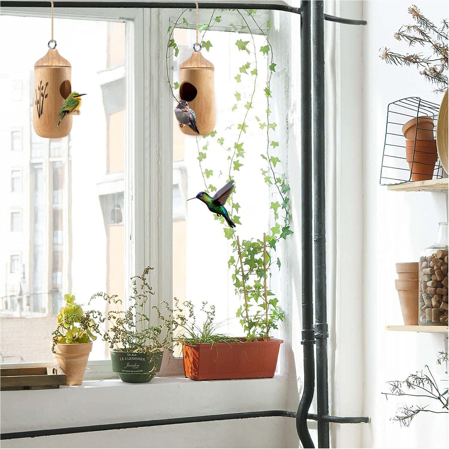 Interior window scene with hanging wooden hummingbird houses and potted plants on the sill