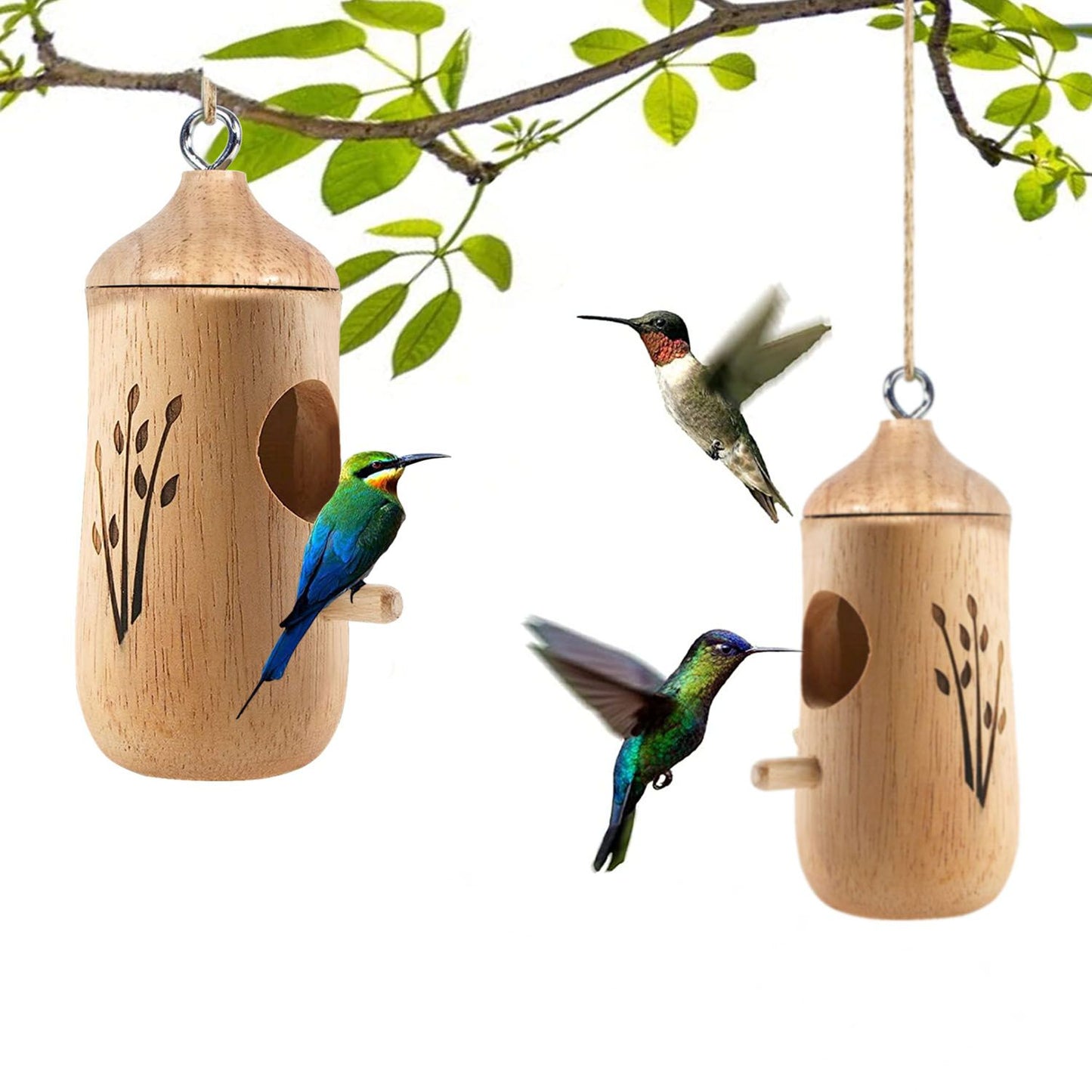 Wooden hanging hummingbird houses suspended from a branch with hummingbirds in flight