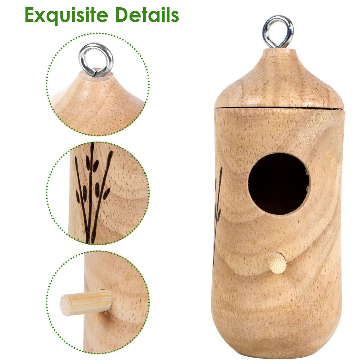 Close-up details of wooden hummingbird house showing metal ring, etched motif, perch and entrance hole