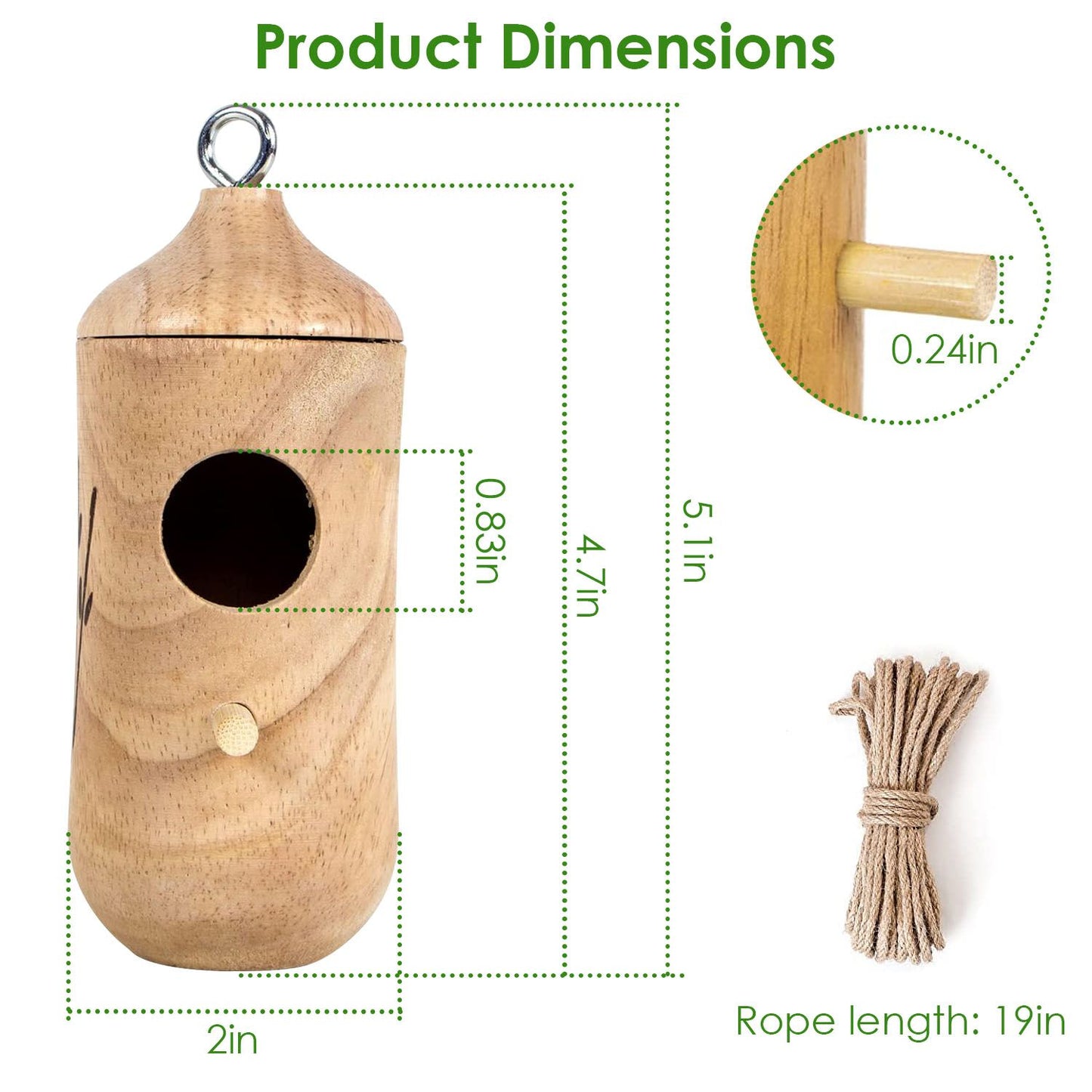 Dimension diagram of hummingbird house with measurements: 4.7×2 in, 0.83 in entrance and 19 in rope