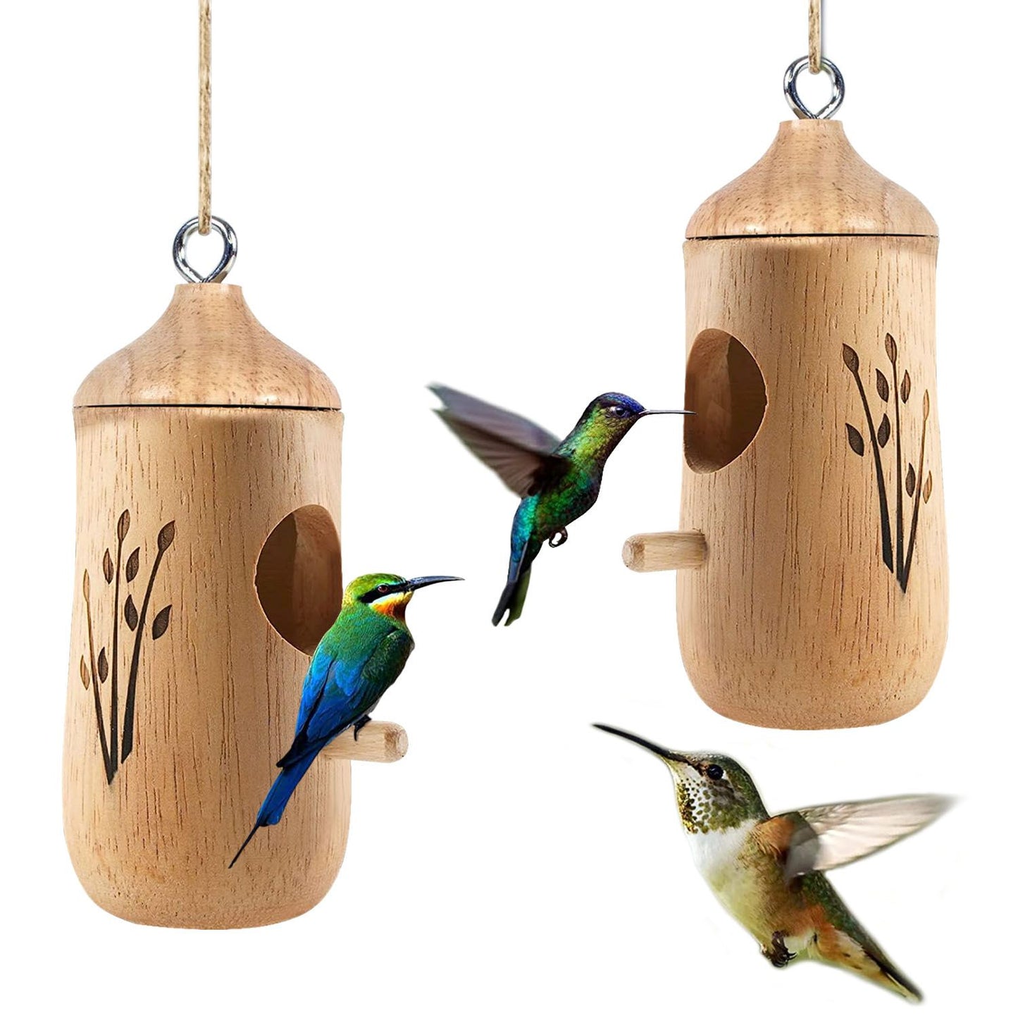 Pair of wooden hummingbird houses with carved motif, perches and metal rings with hummingbirds