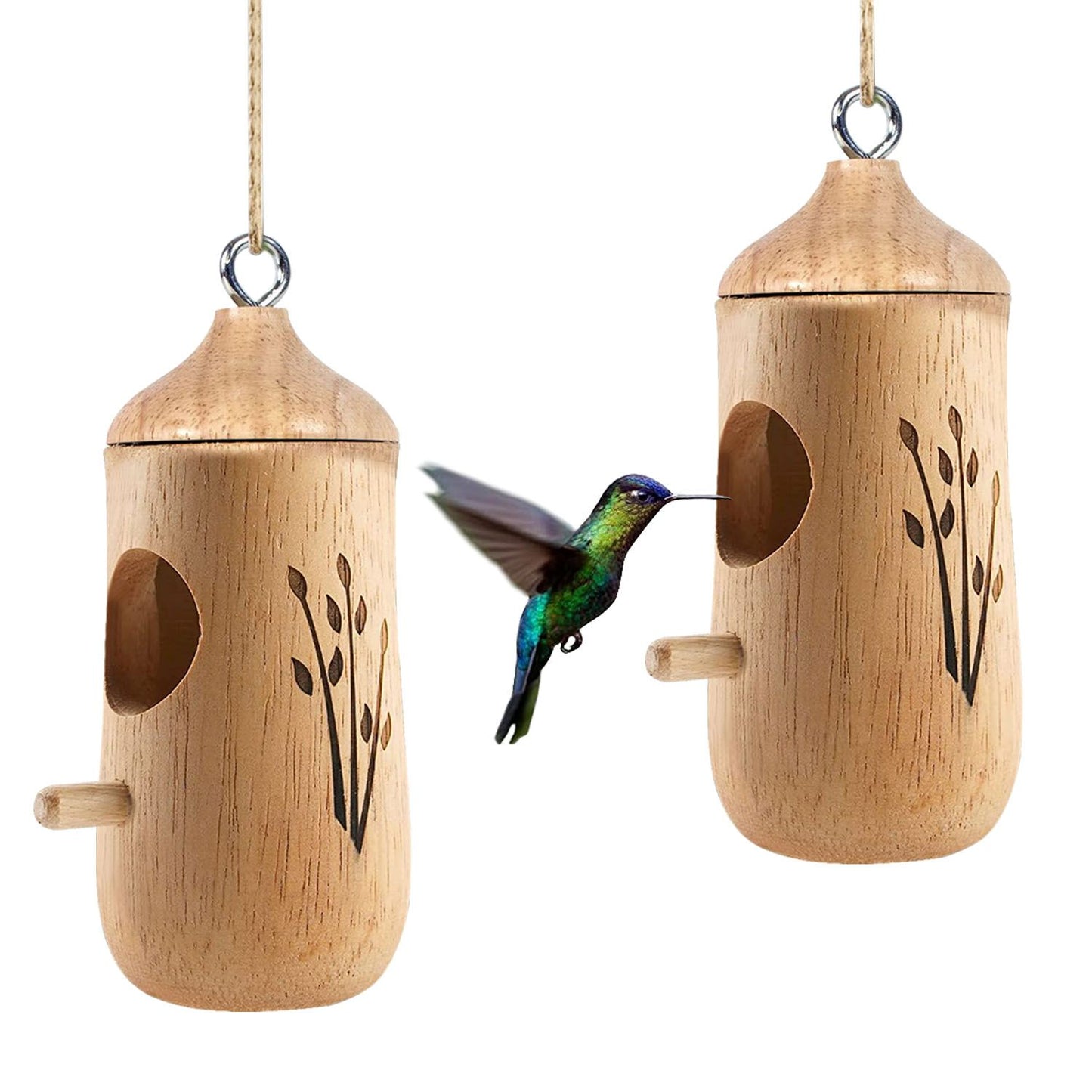 Pair of wooden hummingbird houses with a hovering hummingbird between them on white background