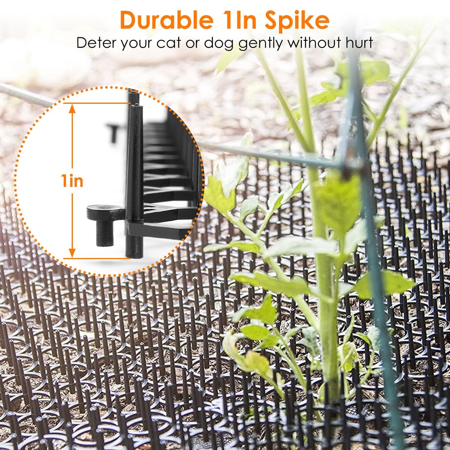 Mat laid on soil with 1 inch spikes shown in close-up protecting young plants