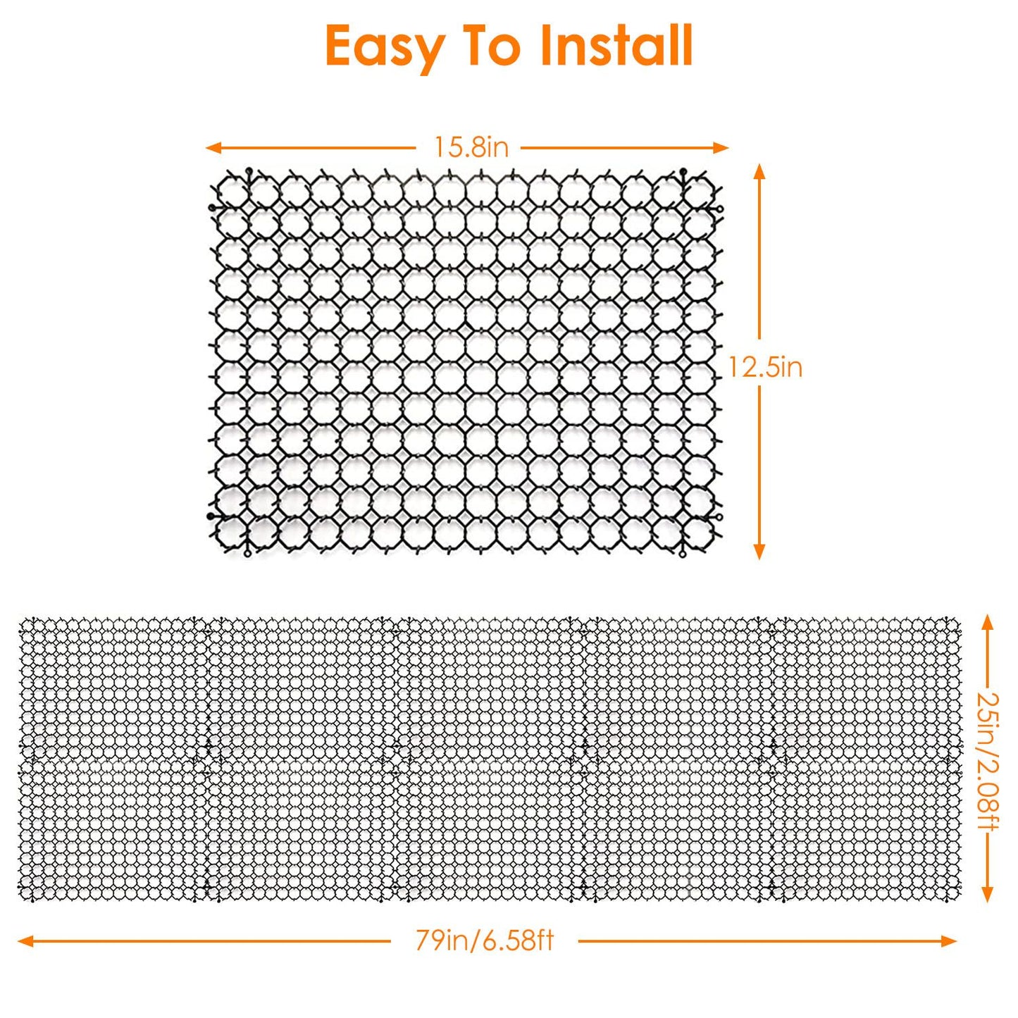 Dimension diagram of one mat 15.8x12.5in and linked mats creating a 79in length coverage