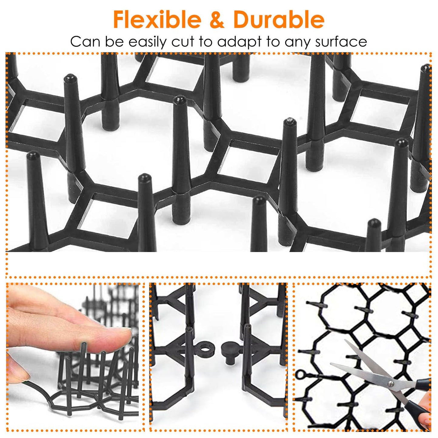 Close-up of hex grid mat showing 1in spikes, connectors, and cut-to-fit detail